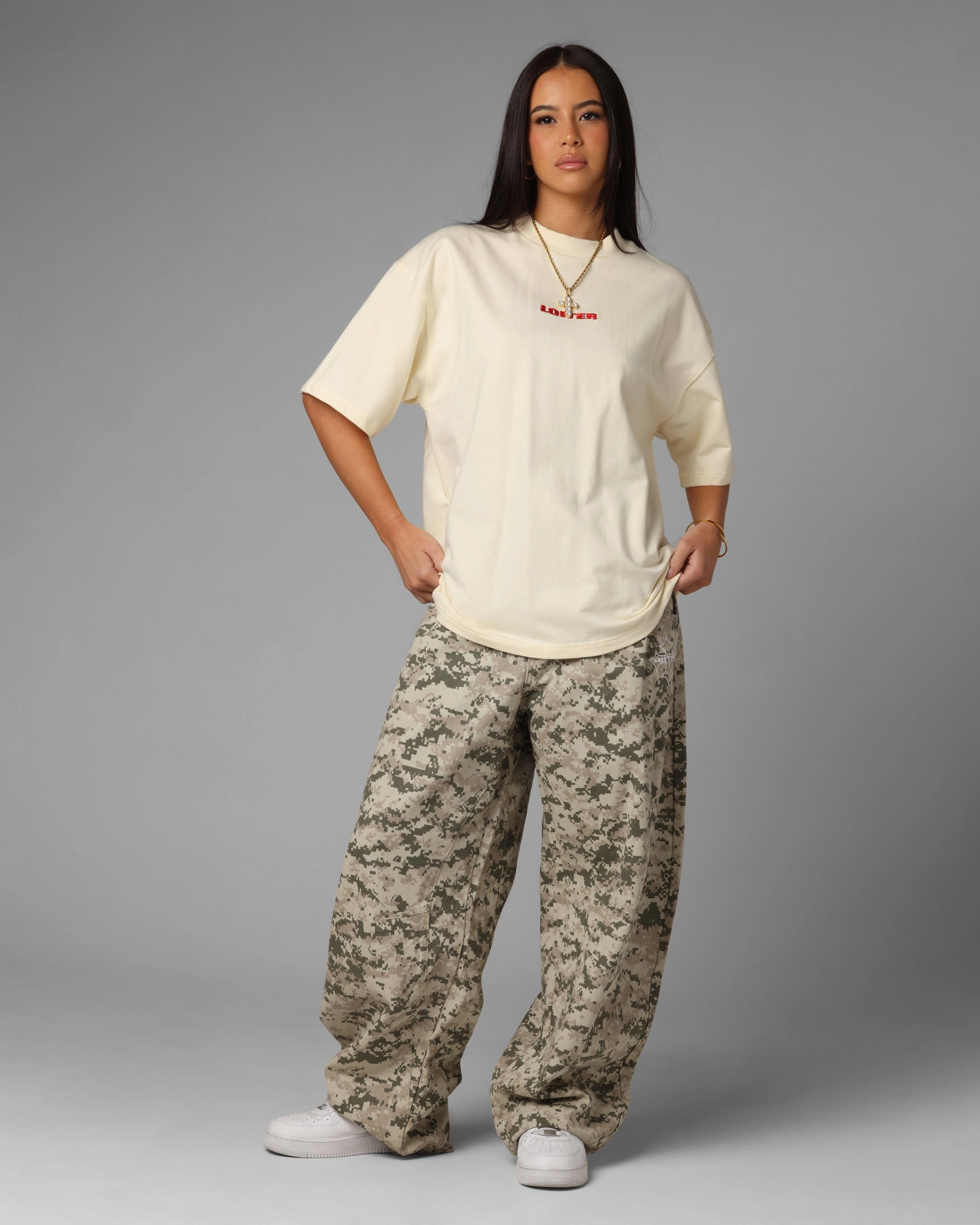 Loiter Script Boxy T-Shirt Off White Functional Side Gussets