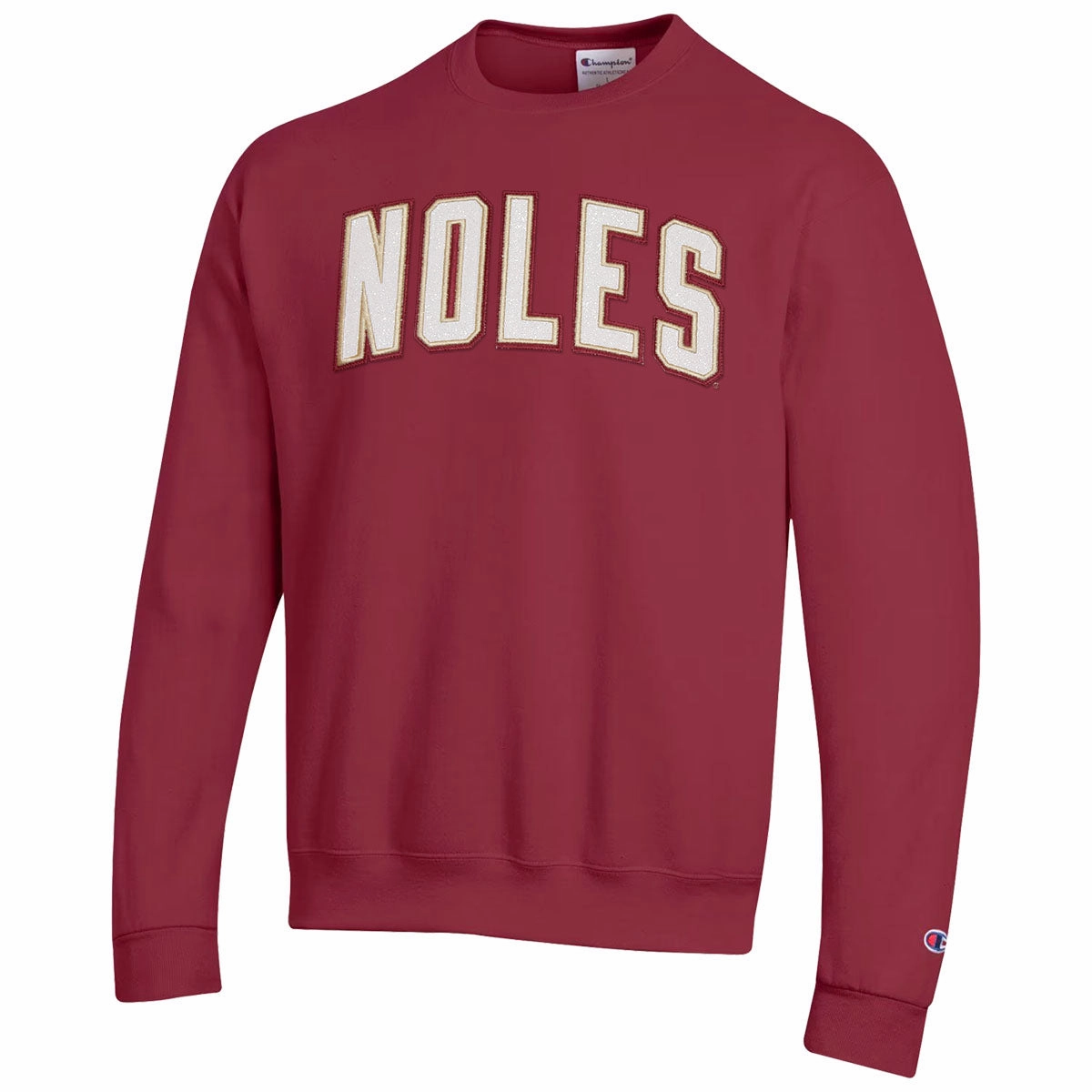 Champion Women's Noles Glitter Twill Design Powerblend Crew Fleece - Garnet Wide Armholes Double Stitched Reinforcement