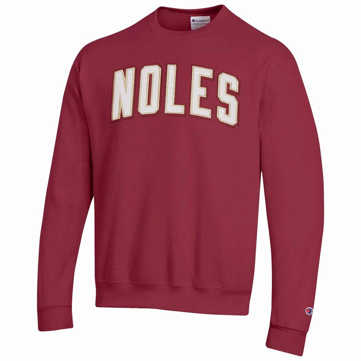 Champion Women's Noles Glitter Twill Design Powerblend Crew Fleece - Garnet Move Freely