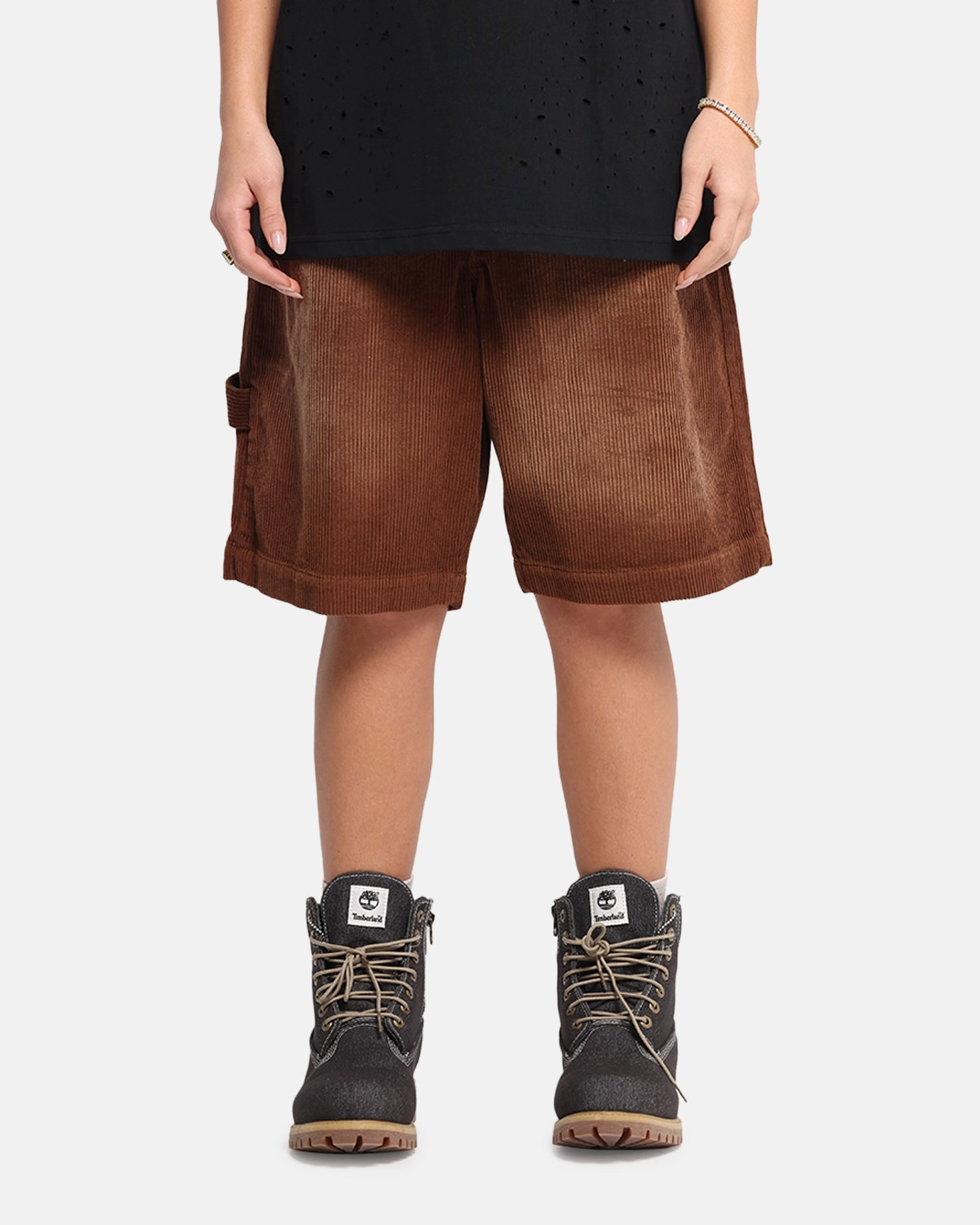 XXIII Corduroy Wash Jorts Brown Layered Hem Detail