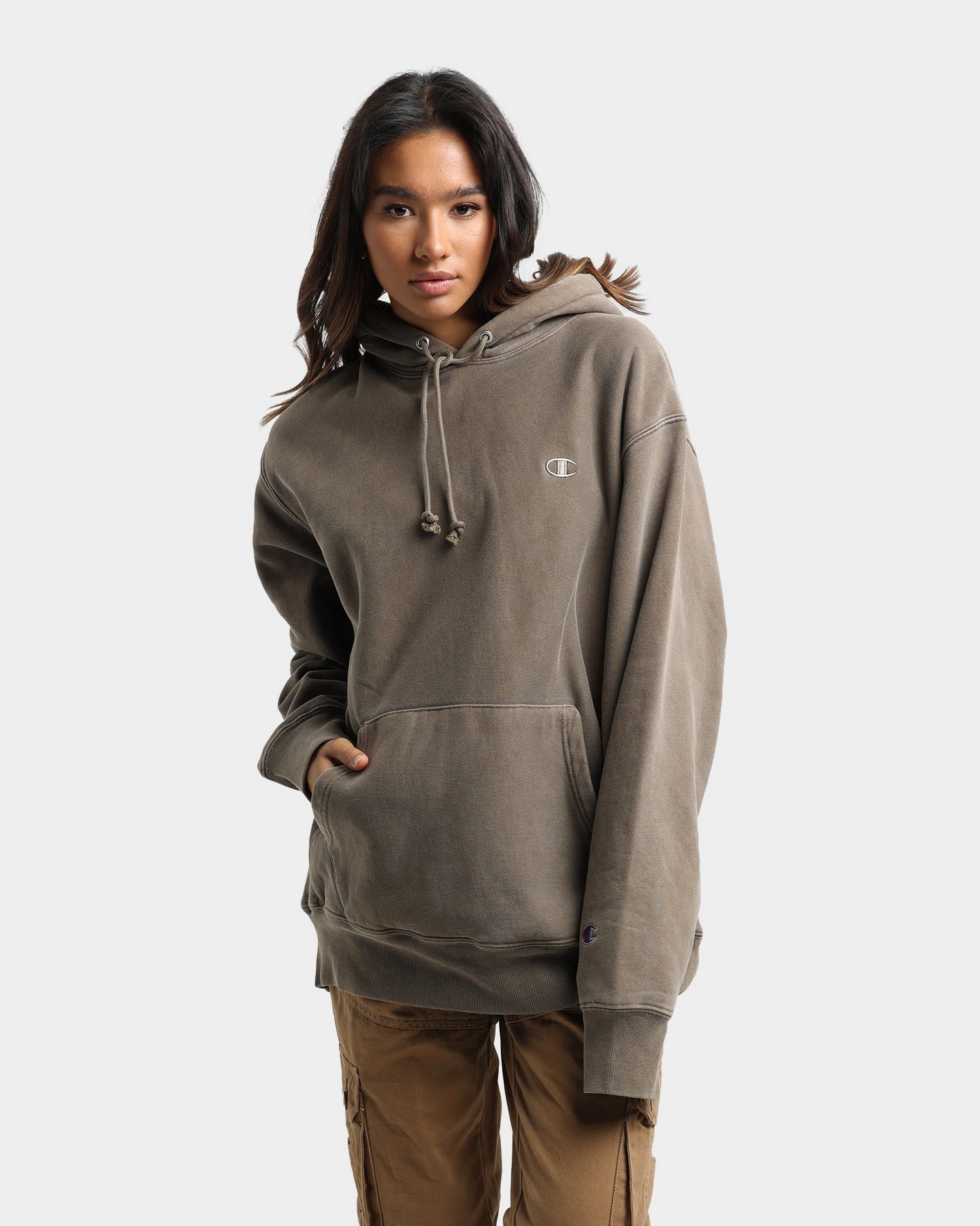 Champion Reverse Weave Garm Dye Hoodie Latte Brown Polyester
