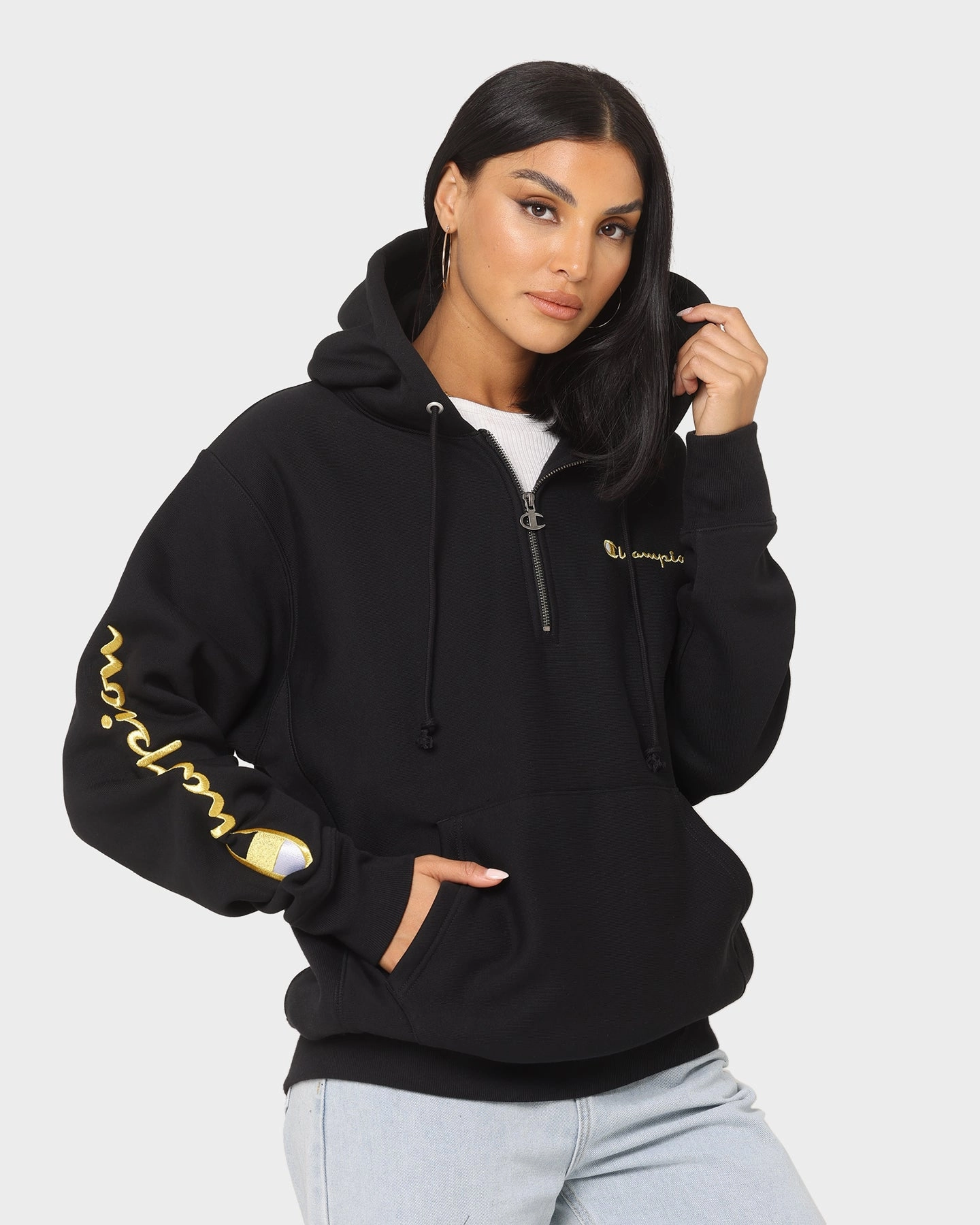 Finance Champion Reverse Weave Quarter Zip Hoodie Black/Gold
