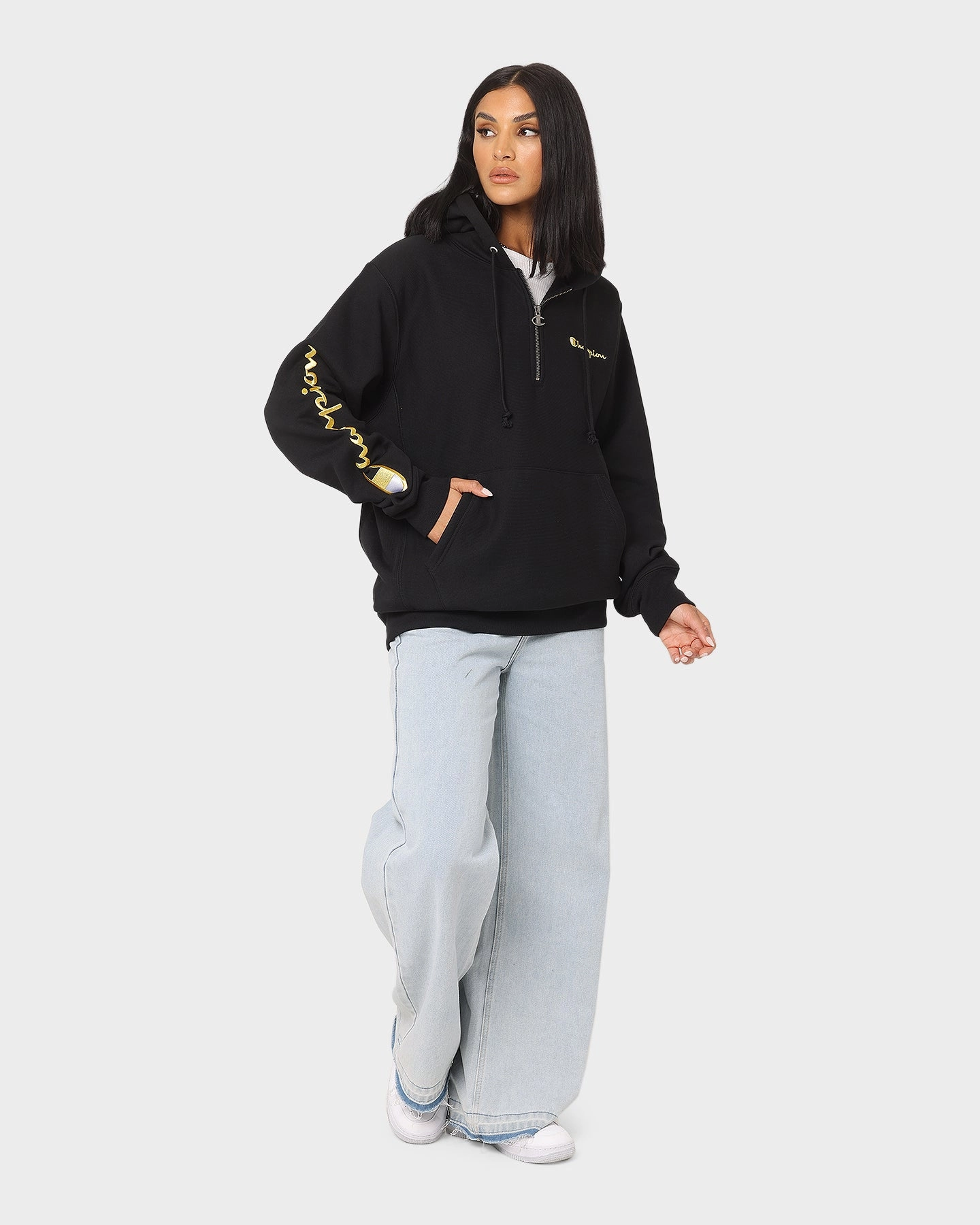 Champion Reverse Weave Quarter Zip Hoodie Black/Gold Father's Day Jungle