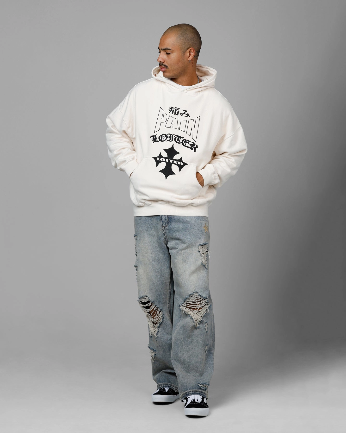 Loiter Ultimate Pain Premium Hoodie Off White Silicone Grip Cuffs Noise Reducing Fabric