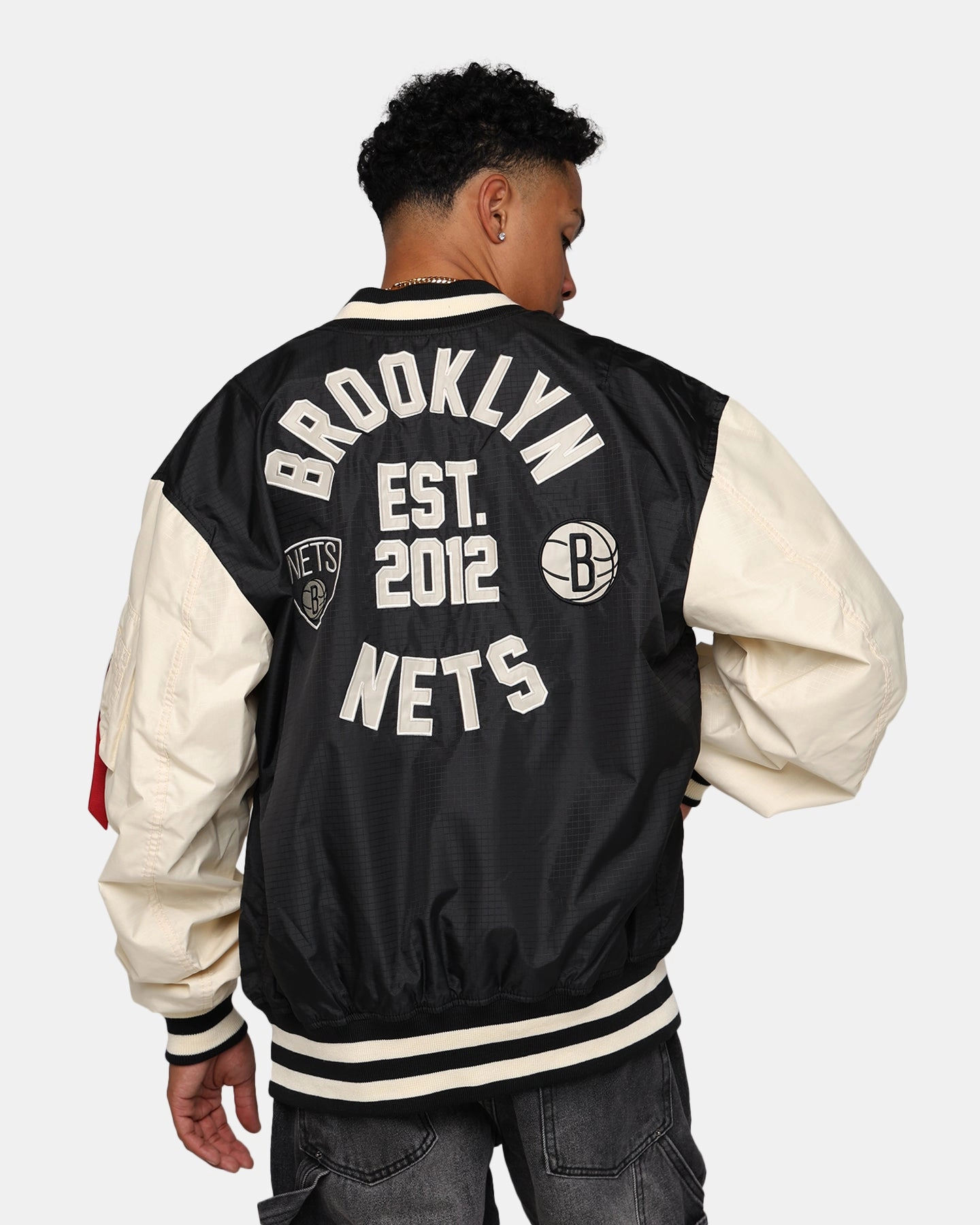 New Era X Alpha Industries Brooklyn Nets L-2B Bomber Jacket Black Layered Security Pockets
