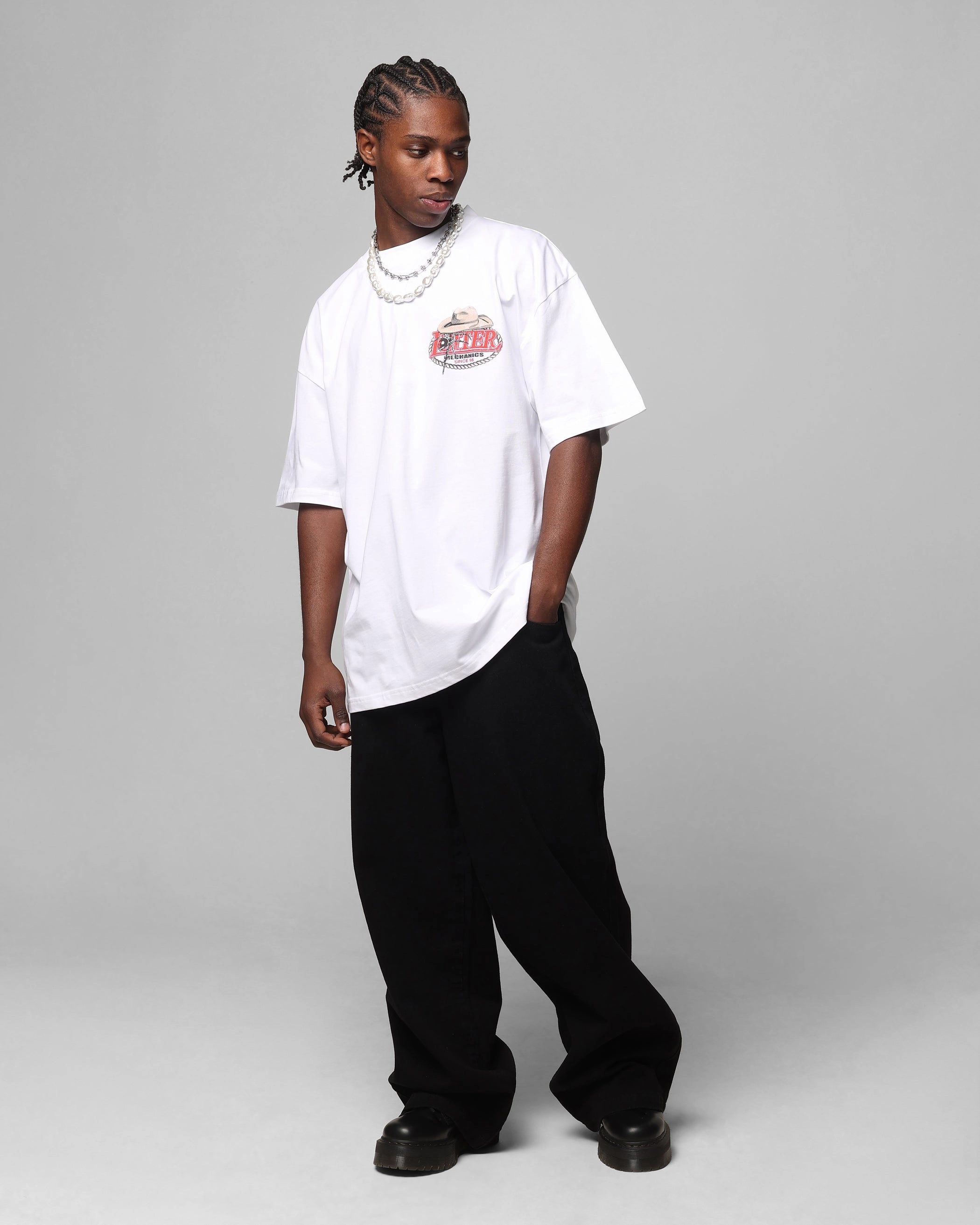 Colorfast Material Elderly Comfort Loiter Mechanic Drop T-Shirt White