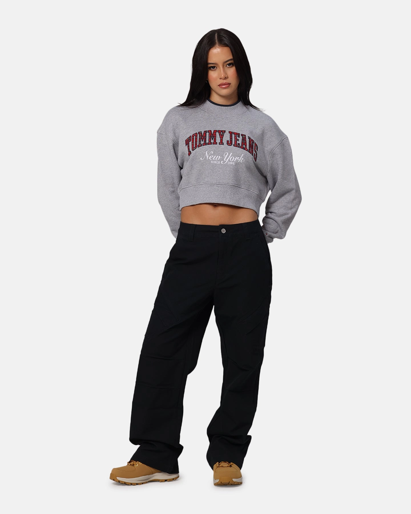 Tommy Jeans Women's Crop Collar Crewneck Grey Heather High Visibility Trim