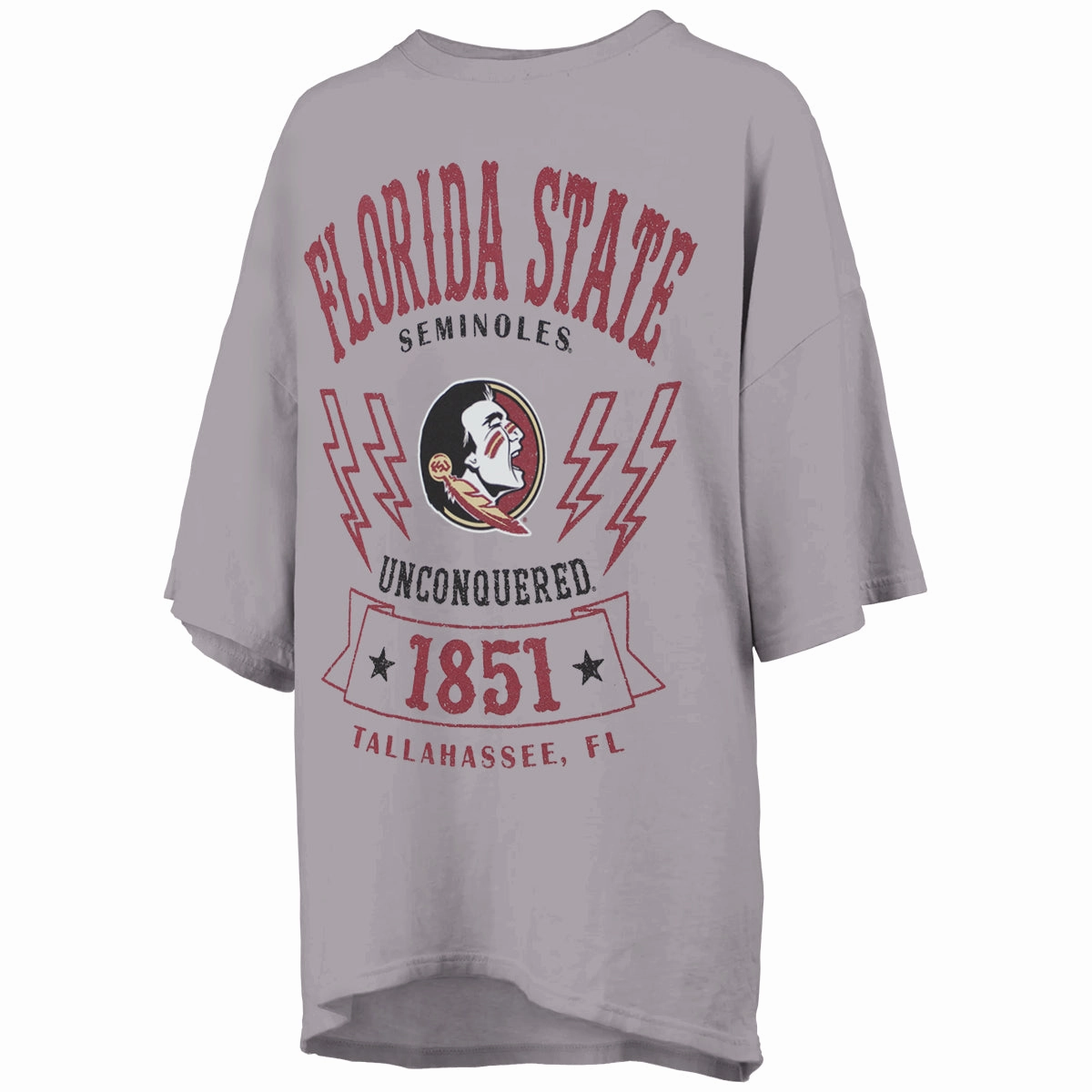 anti static Pressbox Women's Florida State Seminoles Seminole Logo Lightning Bolt Design Oversized Short Sleeve T-shirt - Silver
