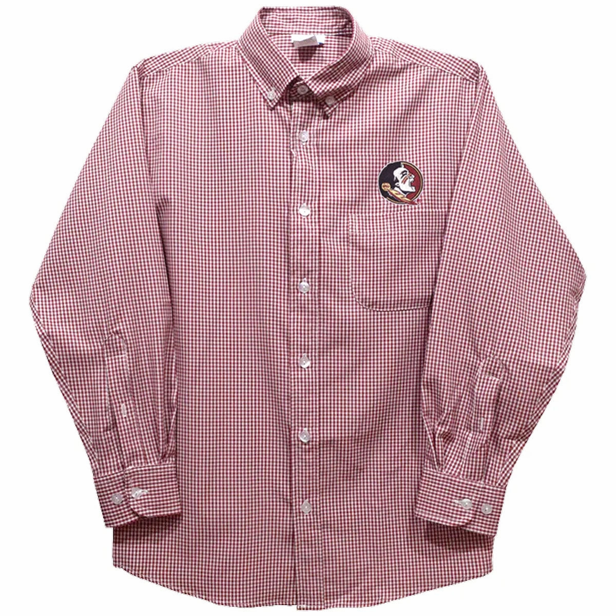 Vive La Fete Kid's Seminole Logo Mini Check Button Down Shirt - Garnet/White Versatile Outfit Multi Panel Structure