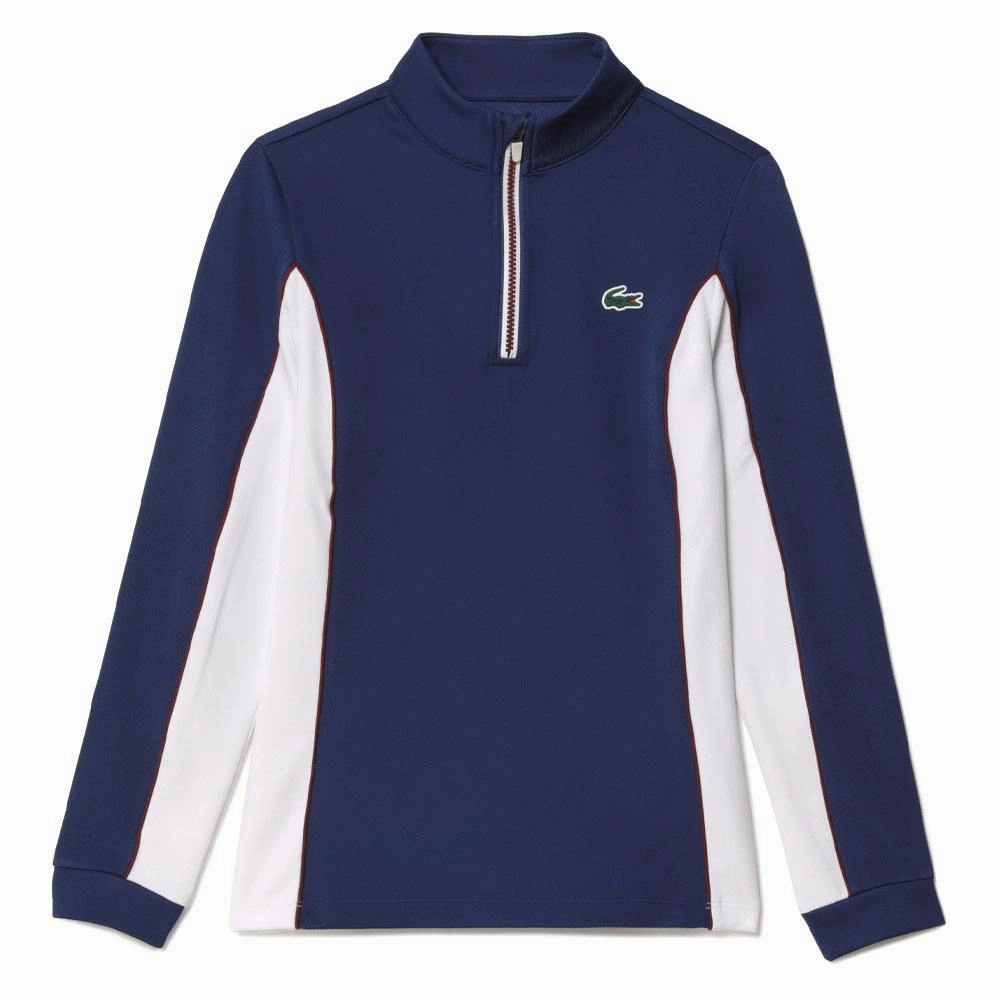 MoistureWickingInterior Convertible Collar Lacoste Slim Fit Contrast Sleeve Golf Sweater Navy Blue - FW23 Women