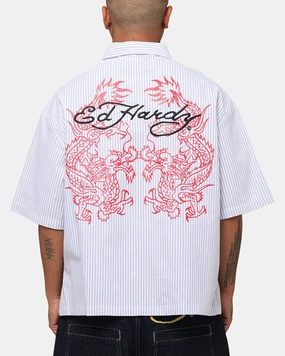 Flexible Shoulder Construction Non-irritating Ed Hardy Dragon Zip Shirt Blue Pin Stripe