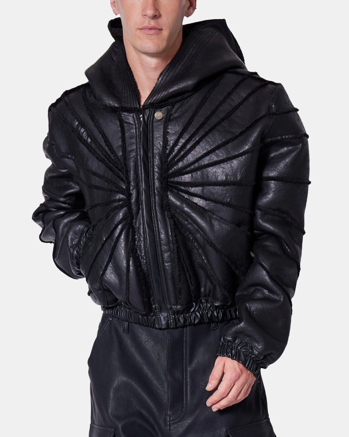 MNML Leather Web Cropped Zip Up Hoodie Black Smart