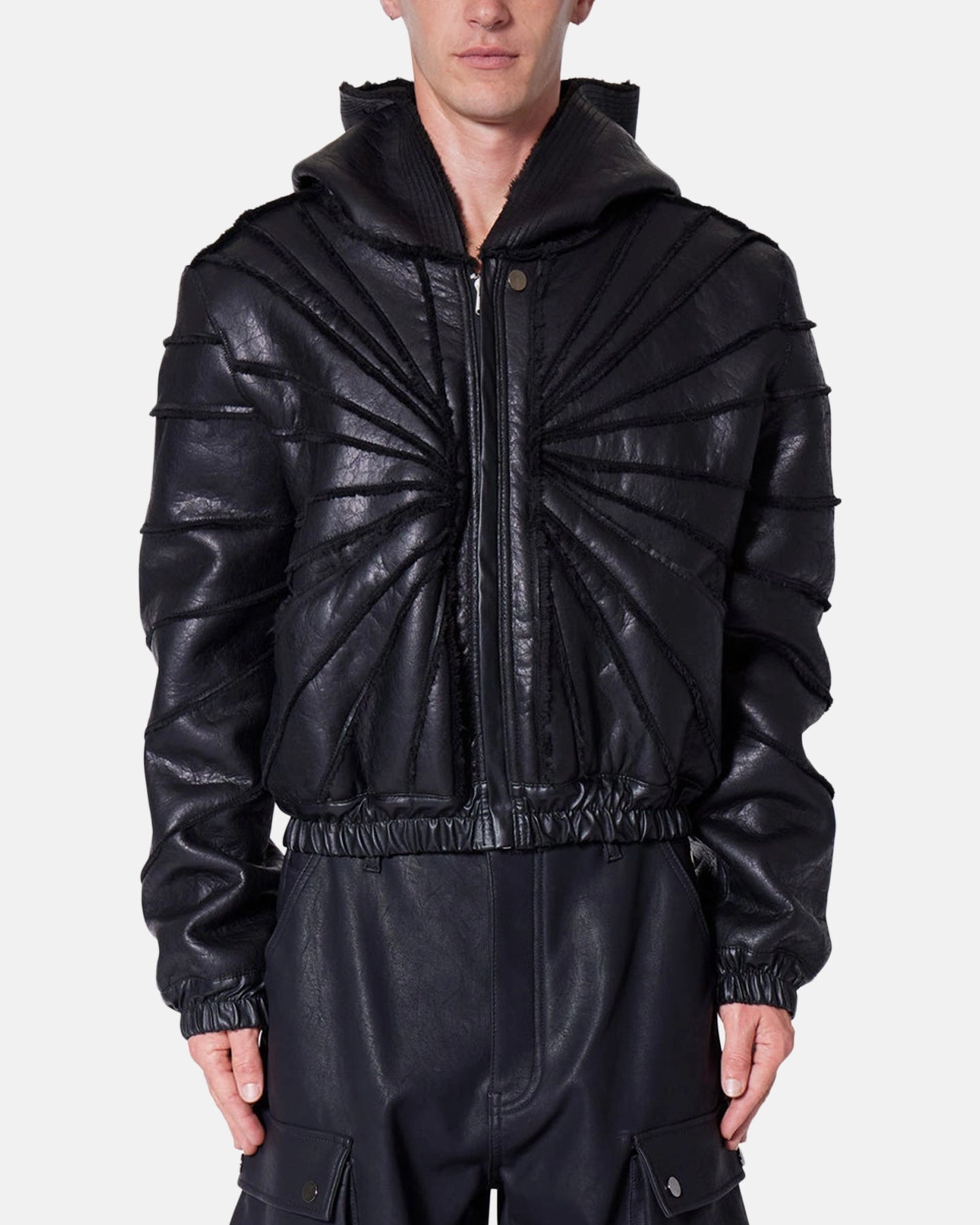 Insulated Layer MNML Leather Web Cropped Zip Up Hoodie Black