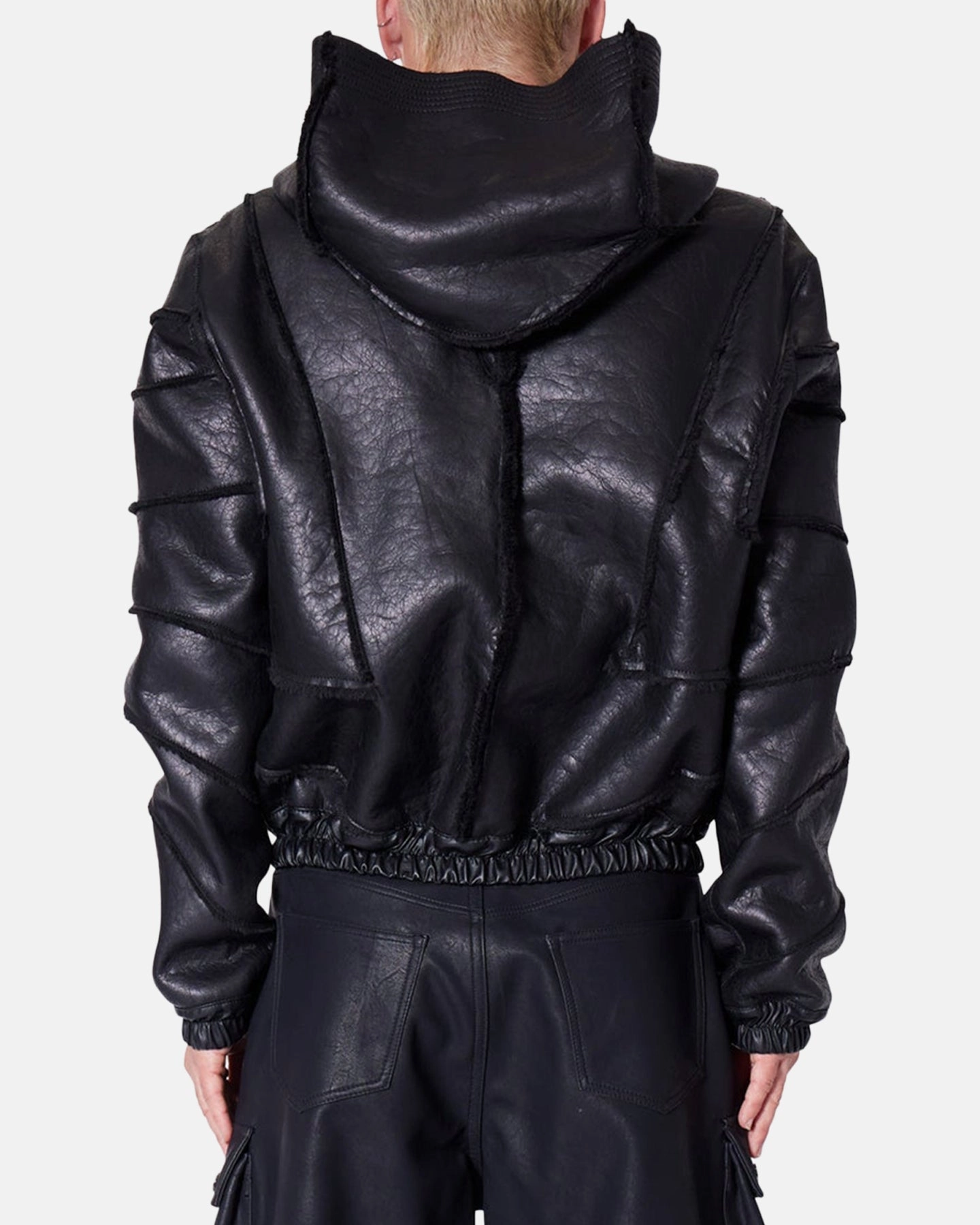 MNML Leather Web Cropped Zip Up Hoodie Black Contacts