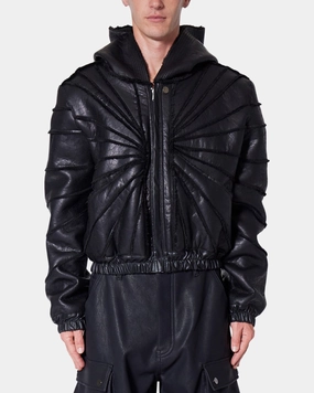 Insulated Layer MNML Leather Web Cropped Zip Up Hoodie Black