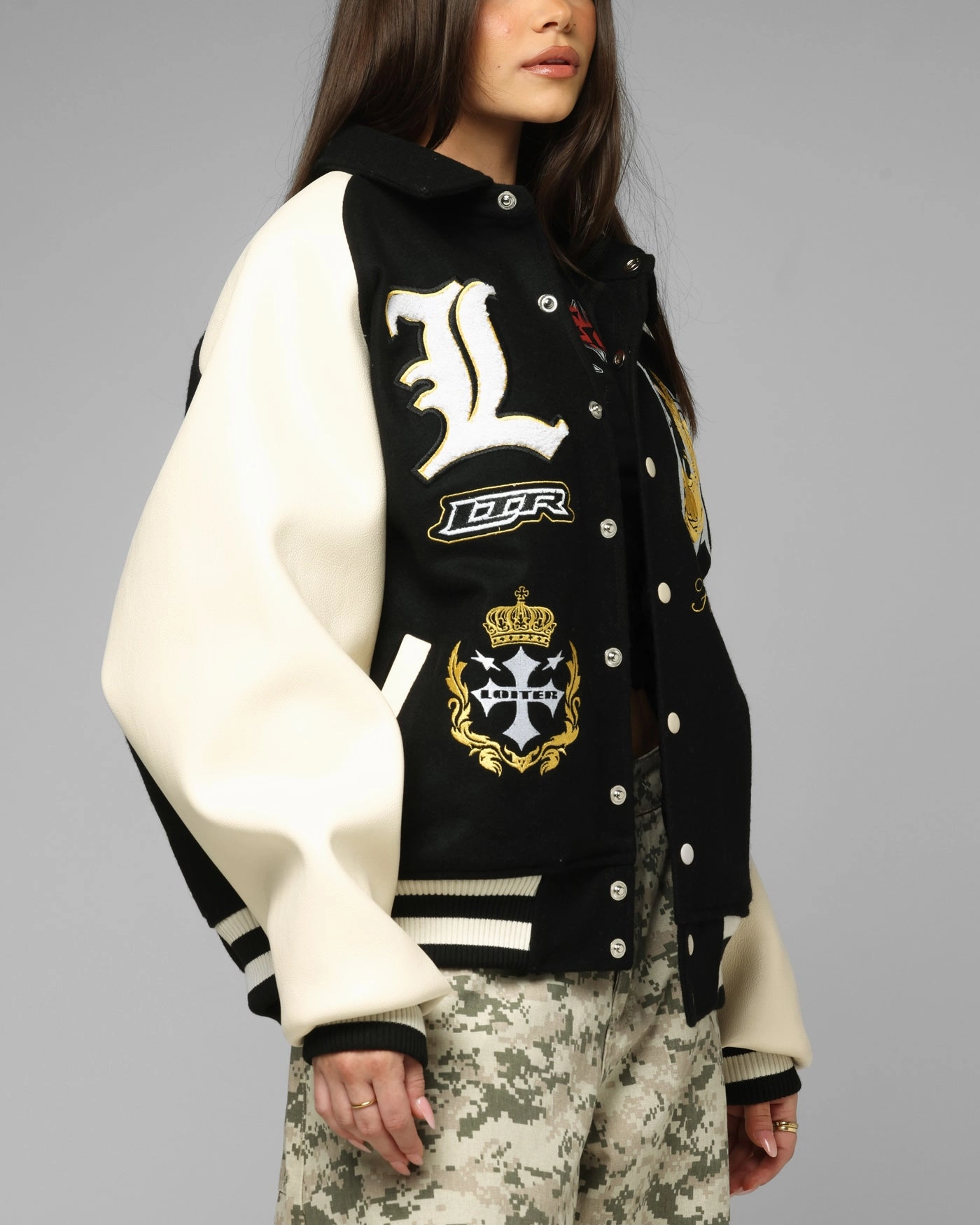 Loiter Heaven Varsity Jacket Black/Off White Comfortable Shield Engineer