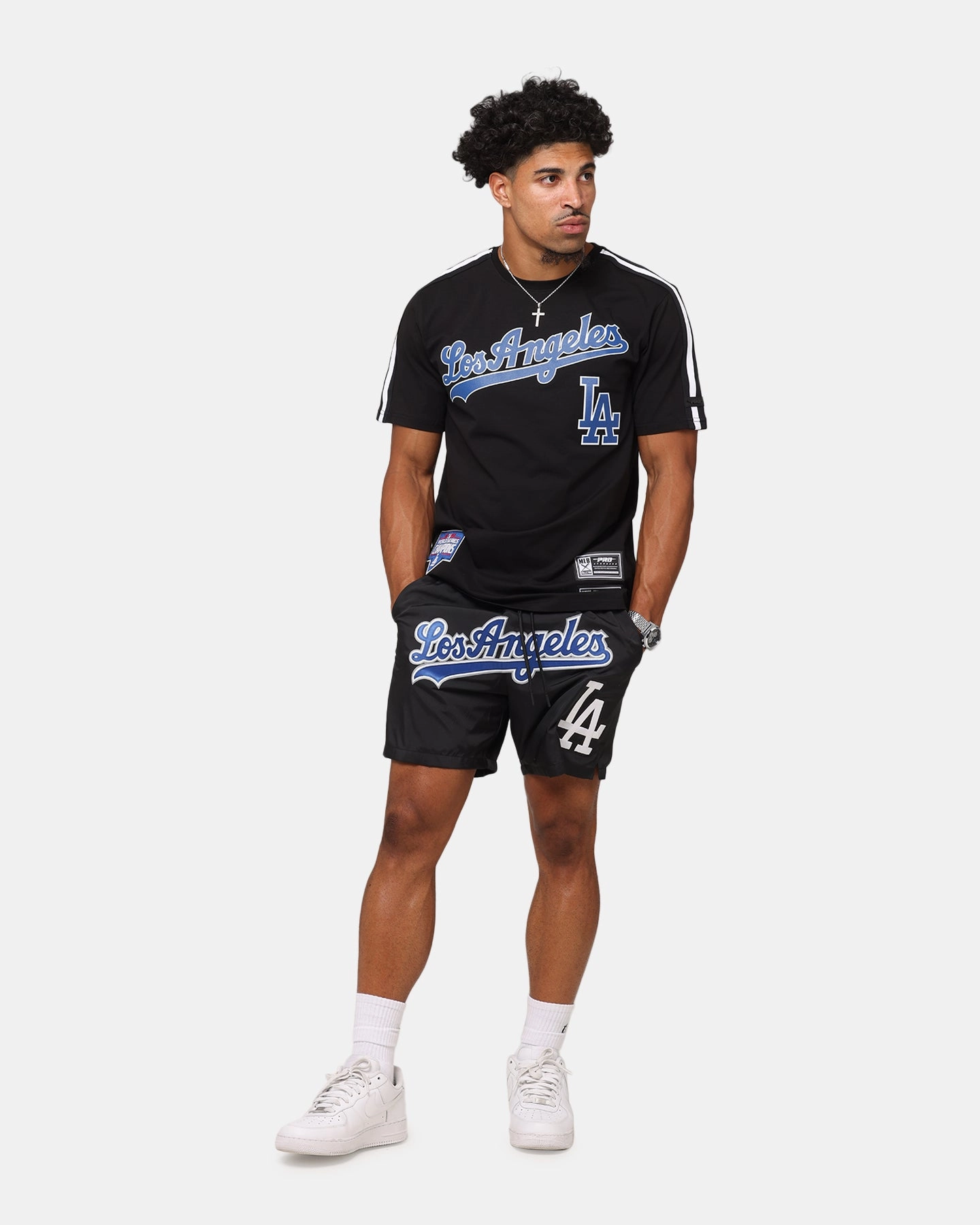 Heat Transfer Printing sequined details Pro Standard Los Angeles Dodgers Classic Mesh Striped T-Shirt Black