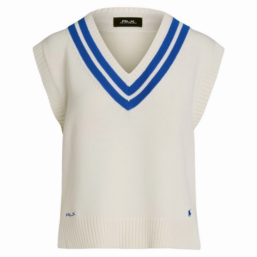 Ralph Lauren Cotton V-Neck Sweater Golf Vest Ceramic White/Iris Blue - FW24 Women Compact Packable Feature Stretchable Panels