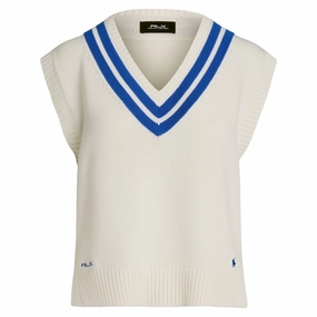 Ralph Lauren Cotton V-Neck Sweater Golf Vest Ceramic White/Iris Blue - FW24 Women Double stitching Compression Fit Technology