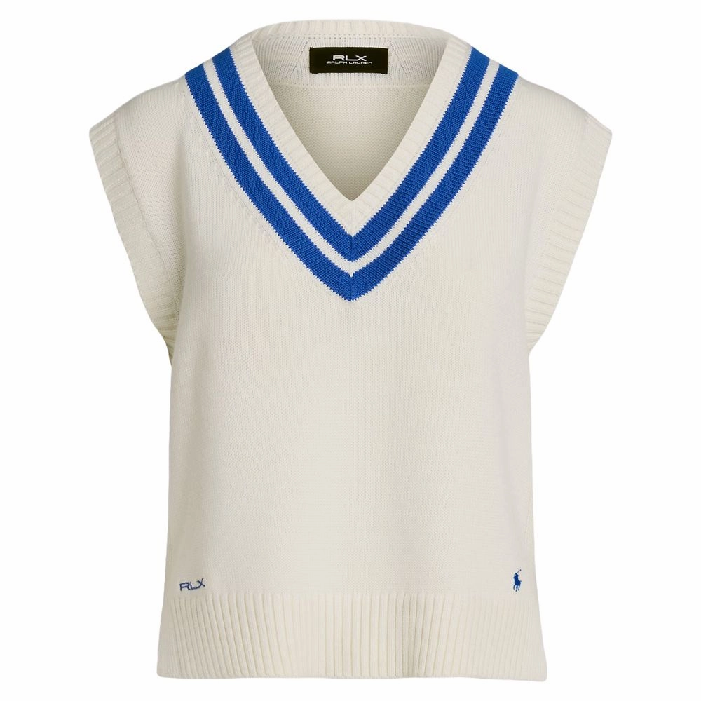 Ergonomic Silhouette Modern Day Look Ralph Lauren Cotton V-Neck Sweater Golf Vest Ceramic White/Iris Blue - FW24 Women