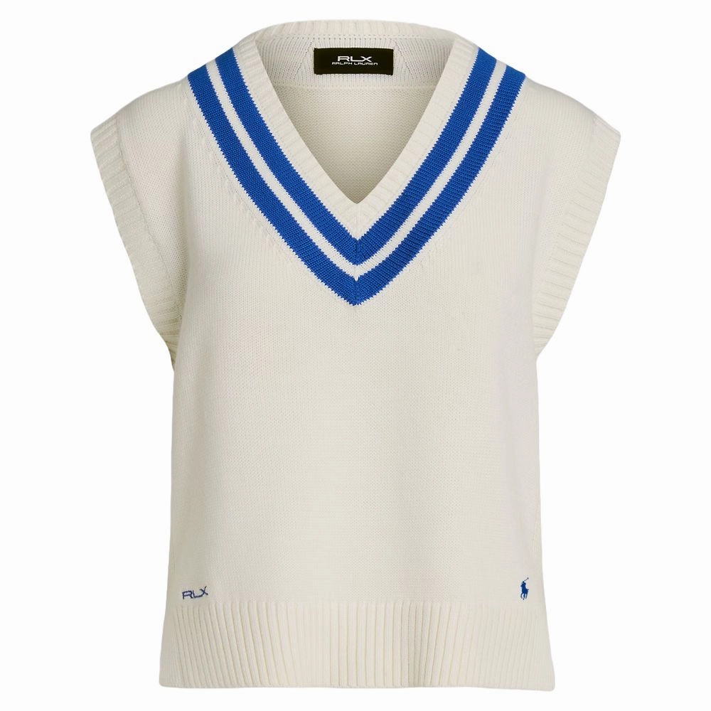 Ralph Lauren Cotton V-Neck Sweater Golf Vest Ceramic White/Iris Blue - FW24 Women Durable zipper pull Stretch Material