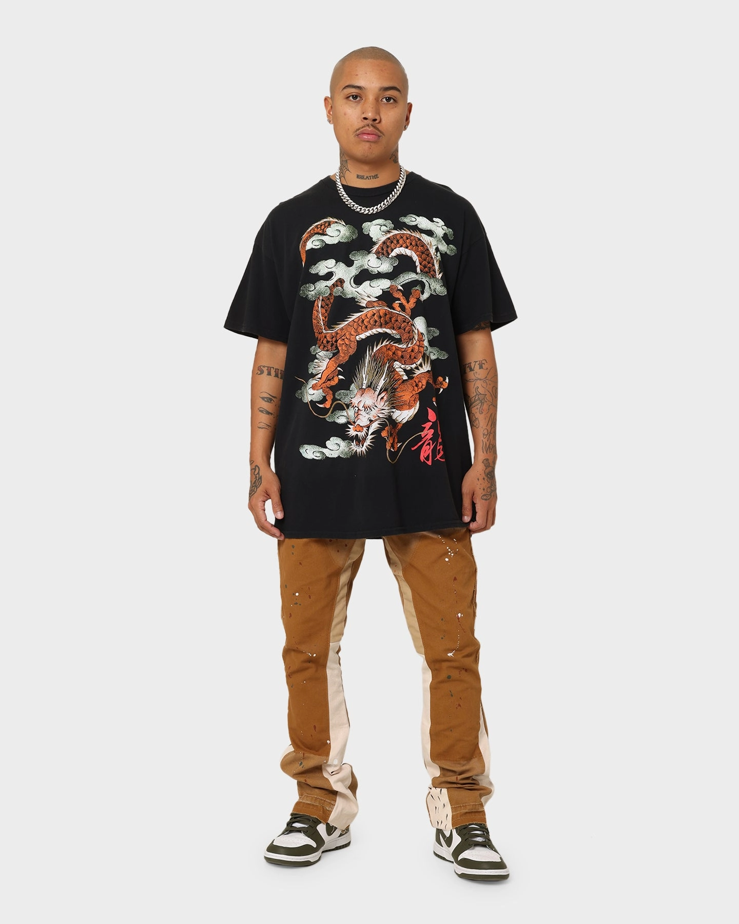 Street Trend Classic Wear American Thrift Ryu Dragon Vintage T-Shirt Washed Black