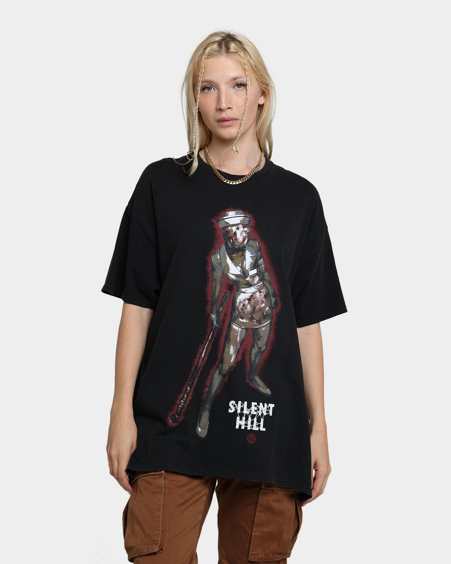 Rats Get Fat X Silent Hill Bubble Head Nurse Vintage T-Shirt Black Wash Fashionable Fit Vintage Style