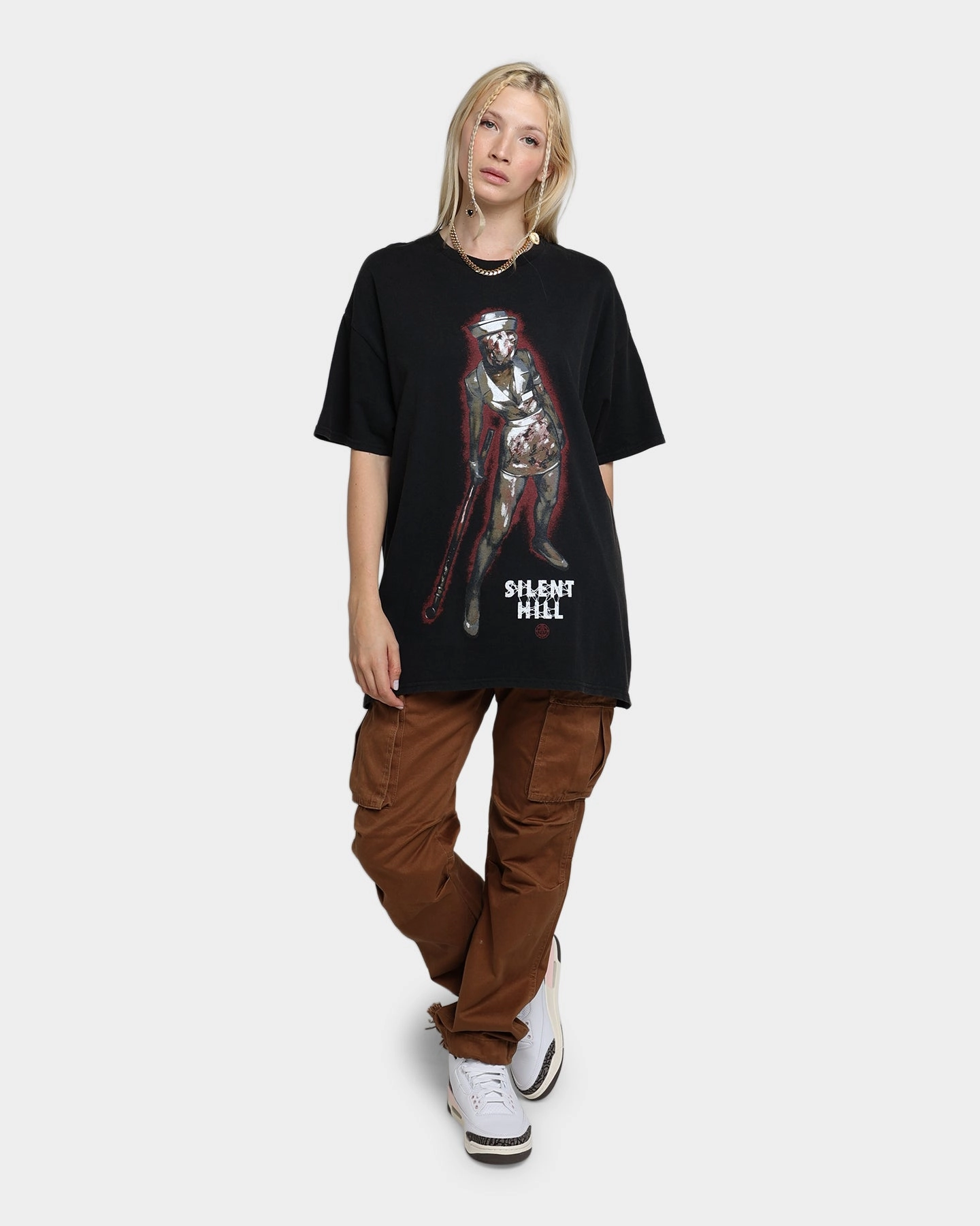 Rats Get Fat X Silent Hill Bubble Head Nurse Vintage T-Shirt Black Wash Practical Wear