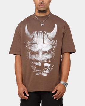 Subtle Embroidery The Anti Order Oni Mask Mock Neck T-Shirt Brown