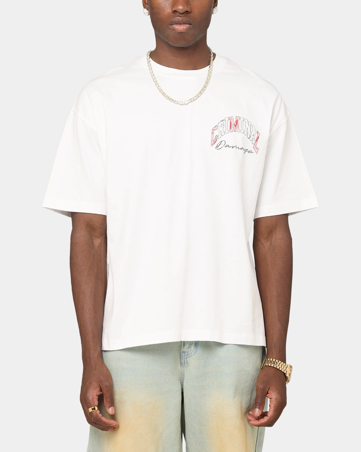 Criminal Damage Diamond Ring T-Shirt Off White Cashmere combination Trendy Wear