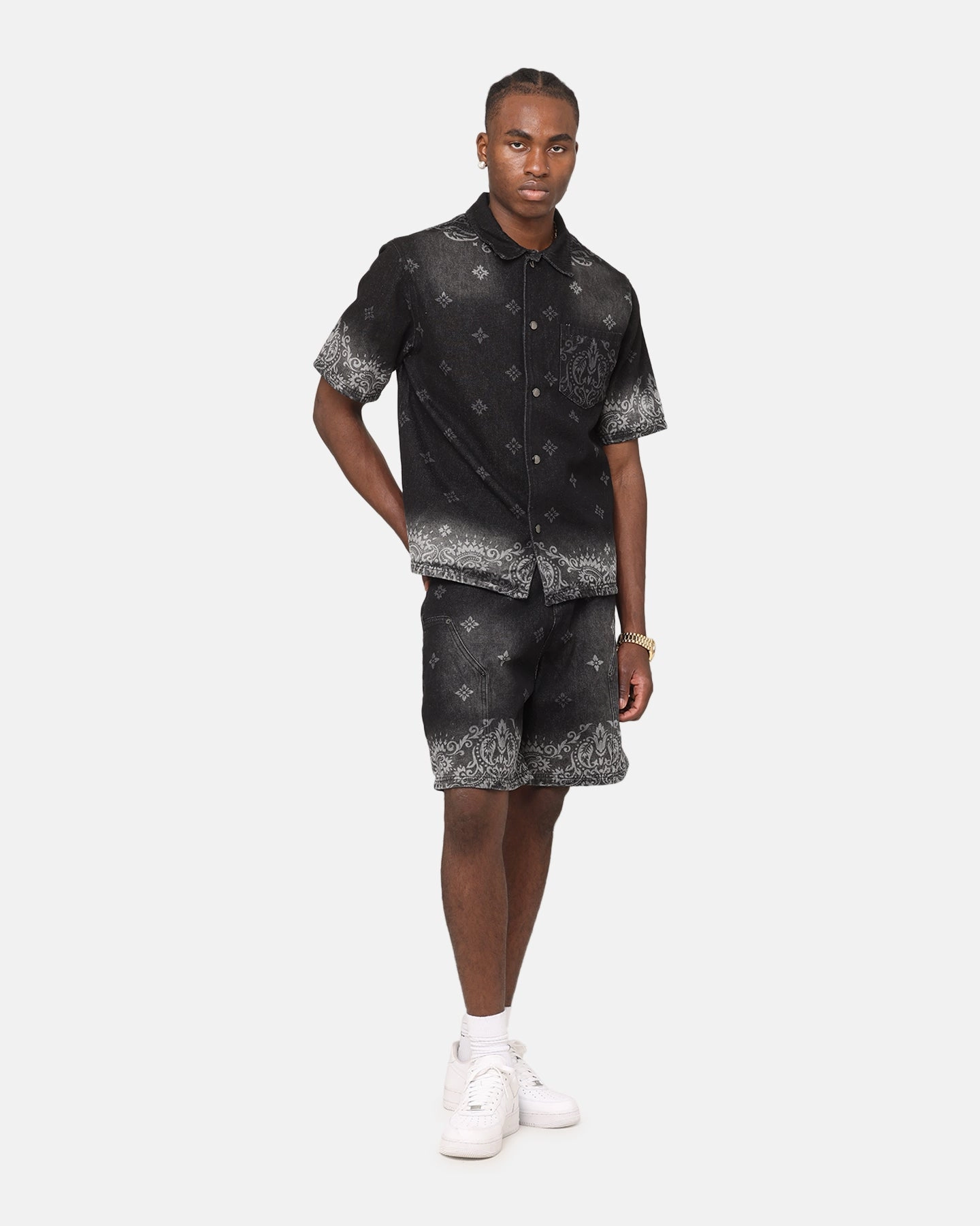 Criminal Damage Laser Print Denim Shorts Washed Black High-End Quality Formal Wear