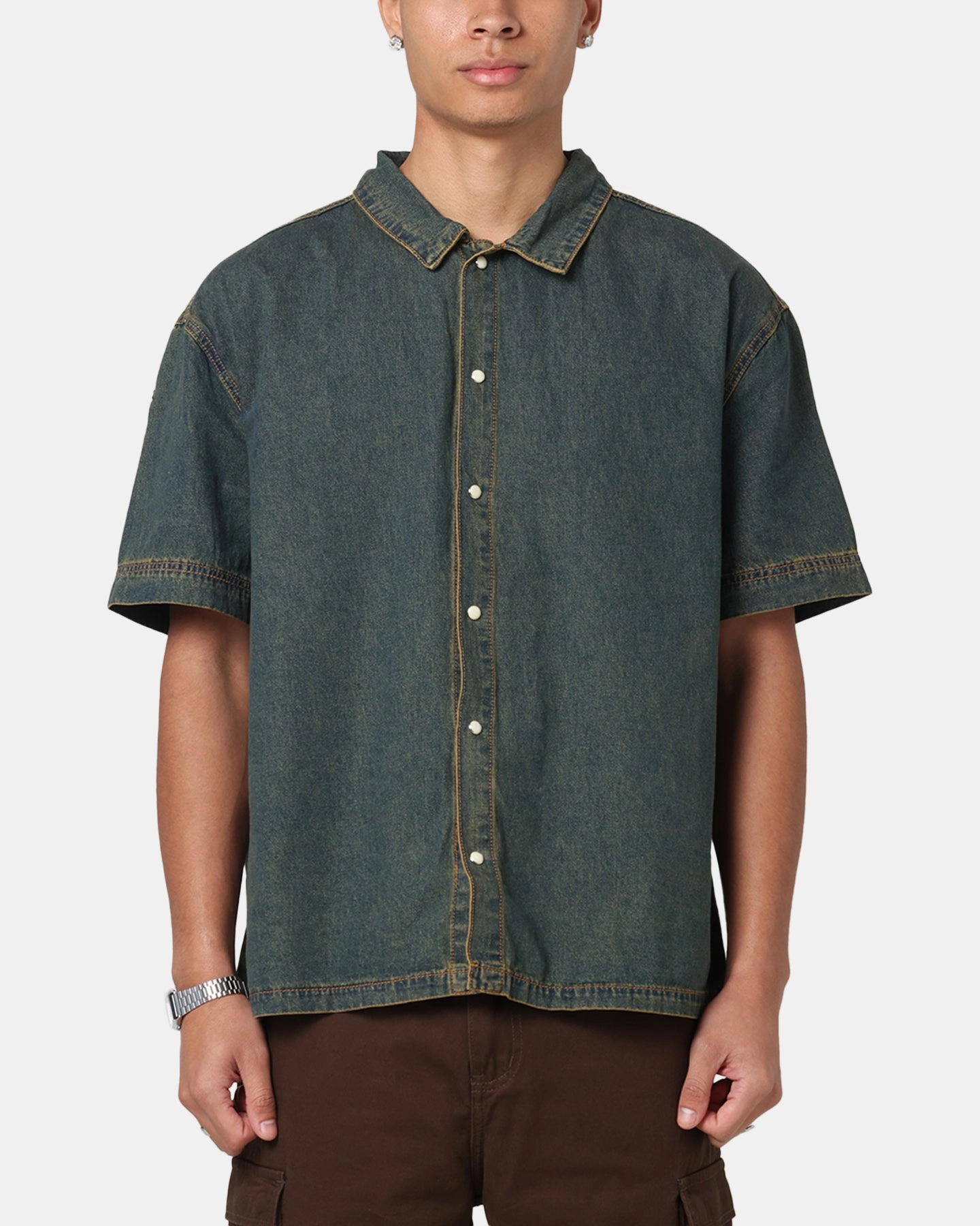 Artistic Design Saint Morta Gothic Noir Button Up Shirt Light Blue