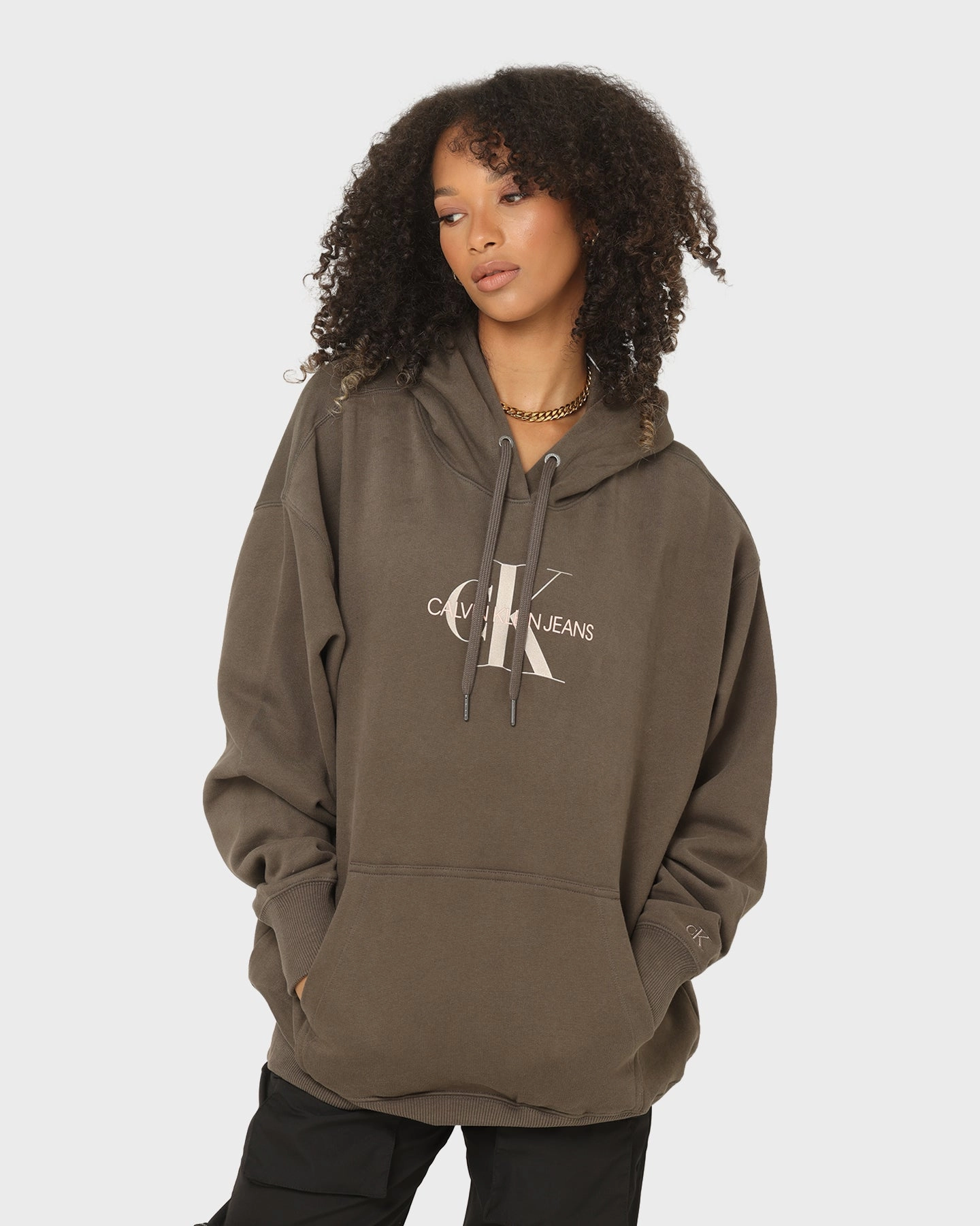 Calvin Klein Women's Mid Scale Monogram Hoodie Black/Olive Comfort Focused Design