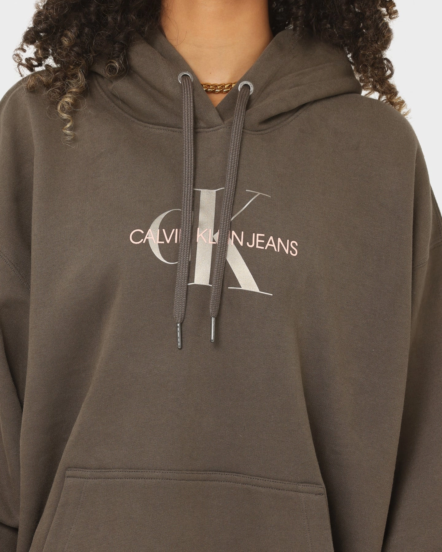 Calvin Klein Women's Mid Scale Monogram Hoodie Black/Olive Flexible Neckline