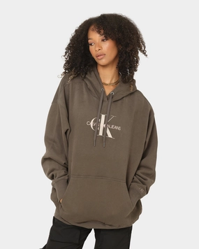 Calvin Klein Women's Mid Scale Monogram Hoodie Black/Olive Comfort Focused Design