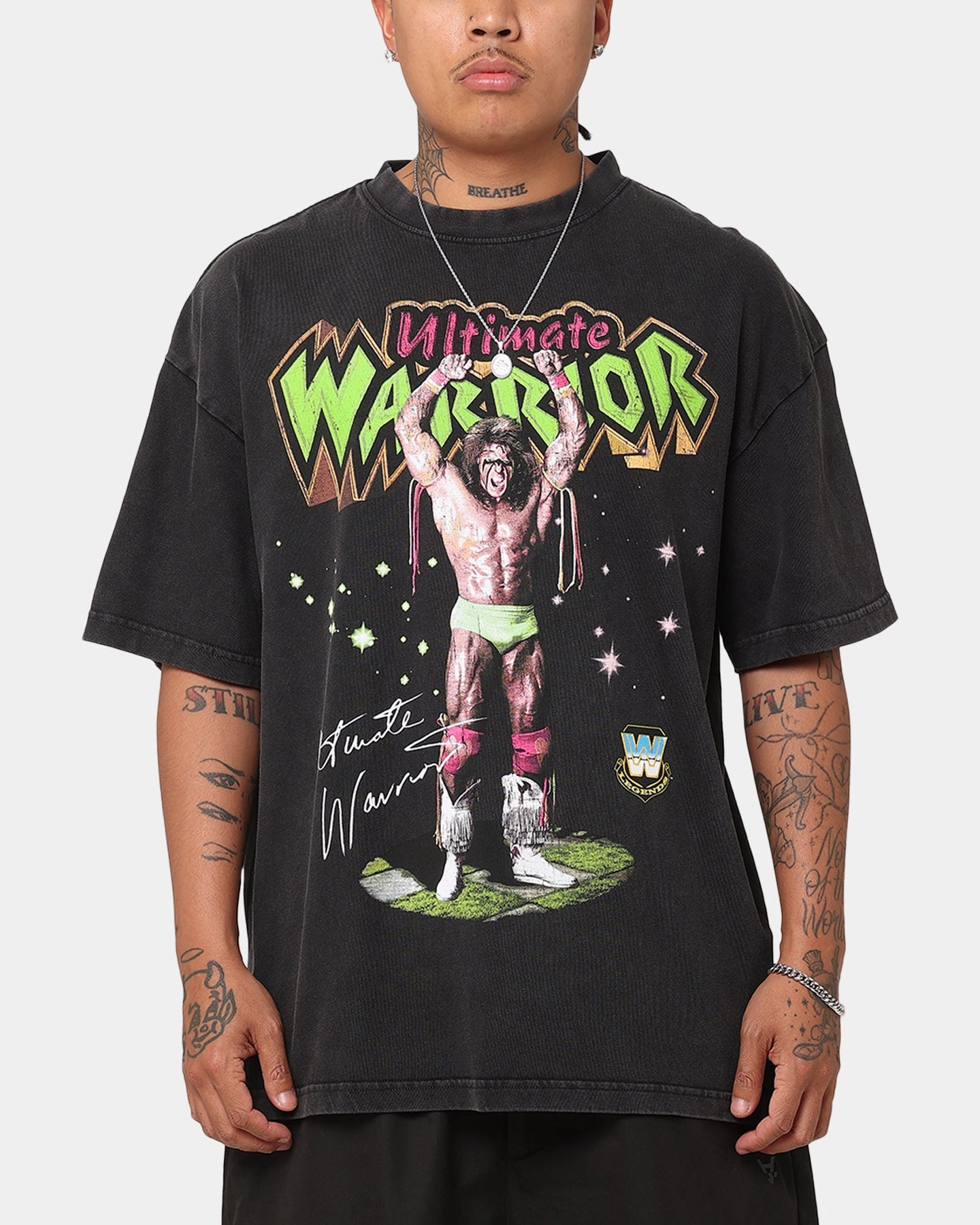 Sporty and Cool Culture Kings X WWE Ultimate Warrior Vintage T-Shirt Black Acidwash