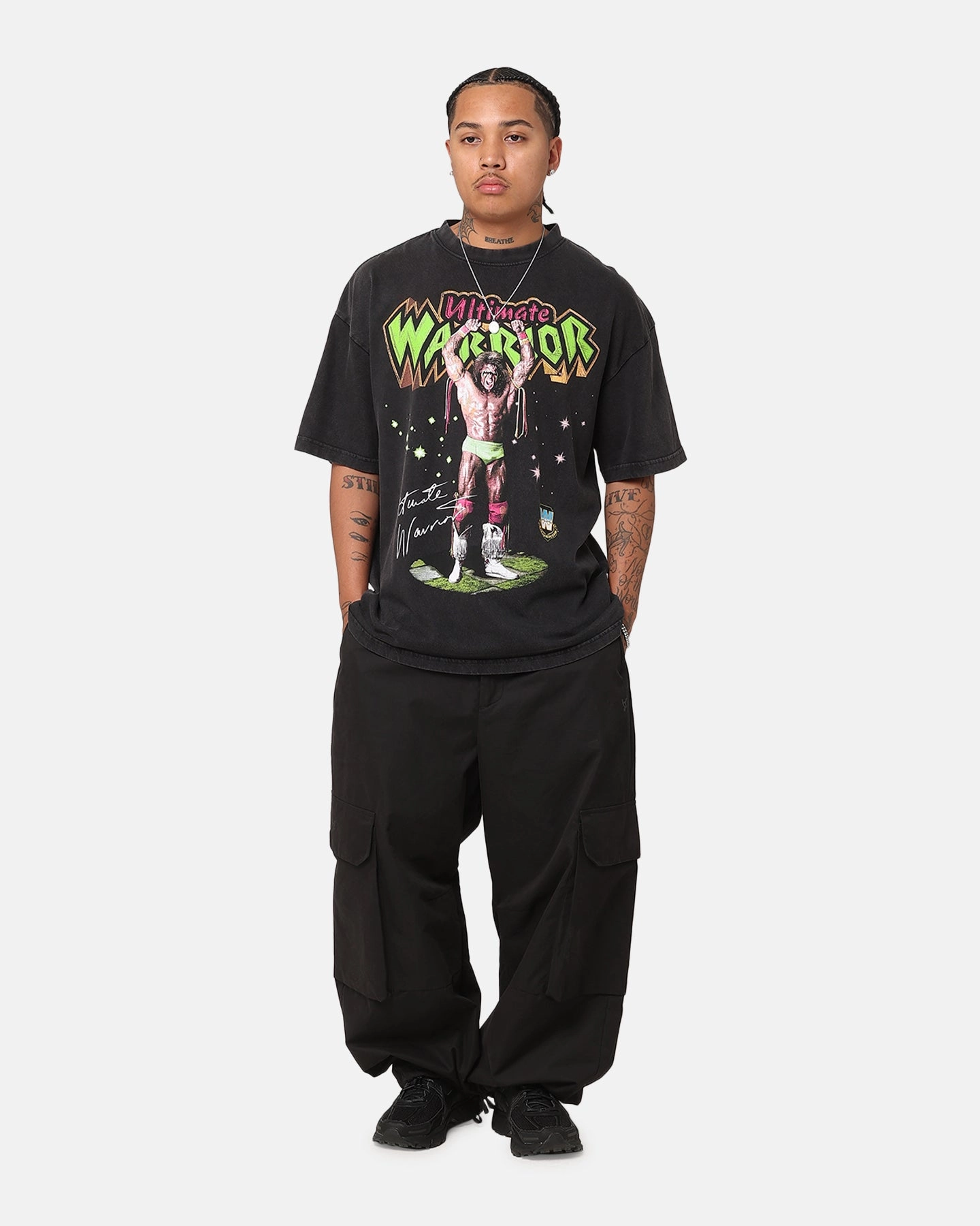 Culture Kings X WWE Ultimate Warrior Vintage T-Shirt Black Acidwash Soft Texture Comfy Comfort