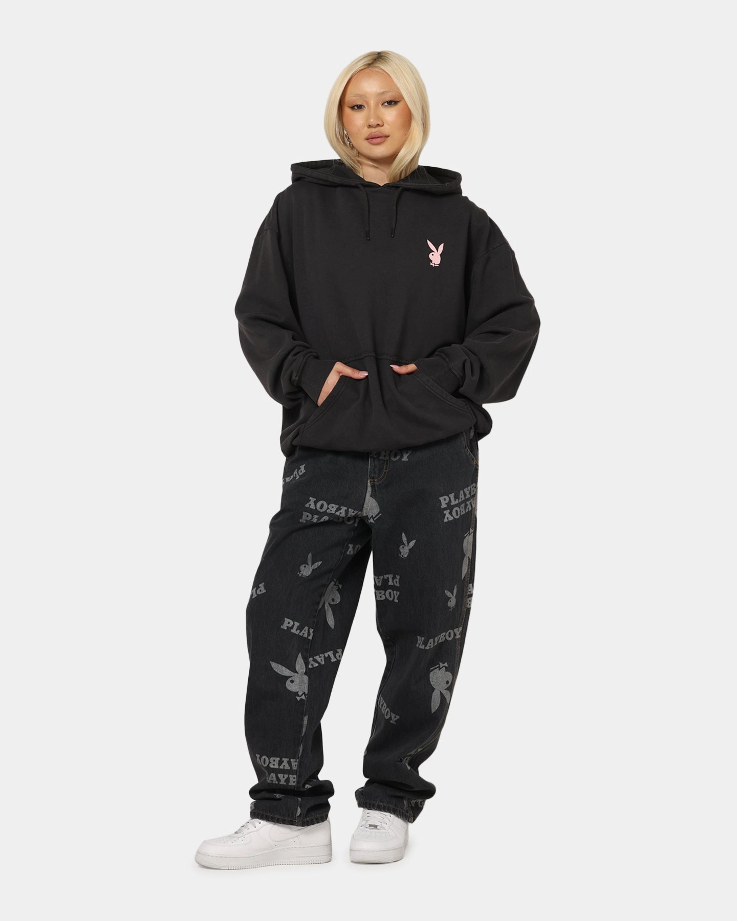 Brand Name casual outing Playboy Stack Washed Hoodie Washed Black