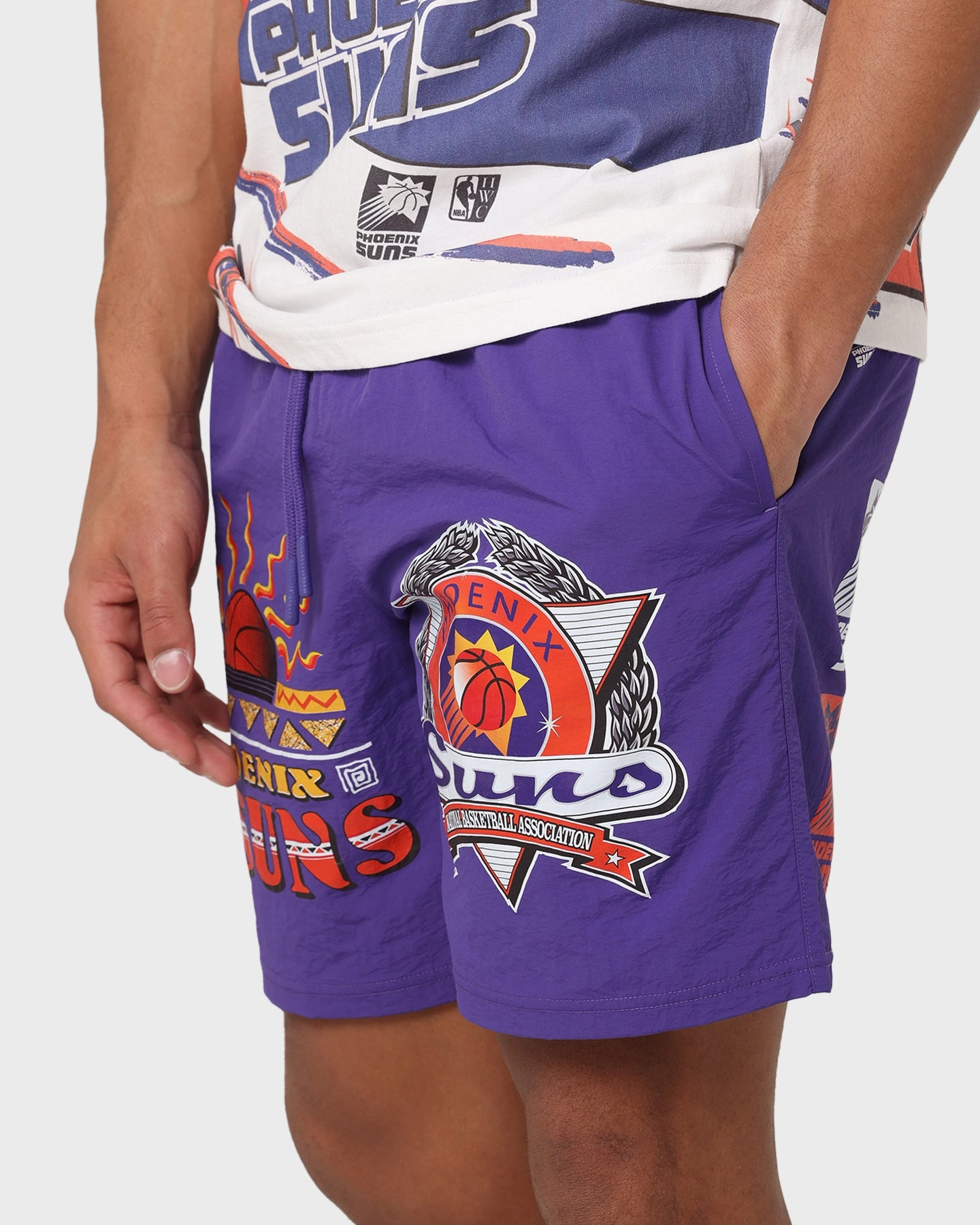 Smooth Flatlock Seams Flexible Stretch Waist Mitchell & Ness Phoenix Suns Rays Shorts Faded Purple