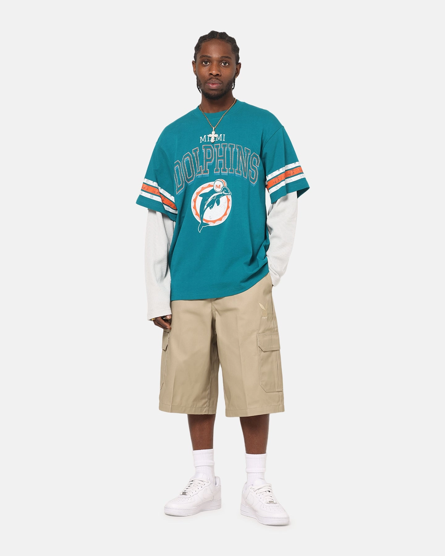 Mitchell & Ness Miami Dolphins Waffle Mock Layer Long Sleeve T-Shirt Teal Movie Night Fashionable Option