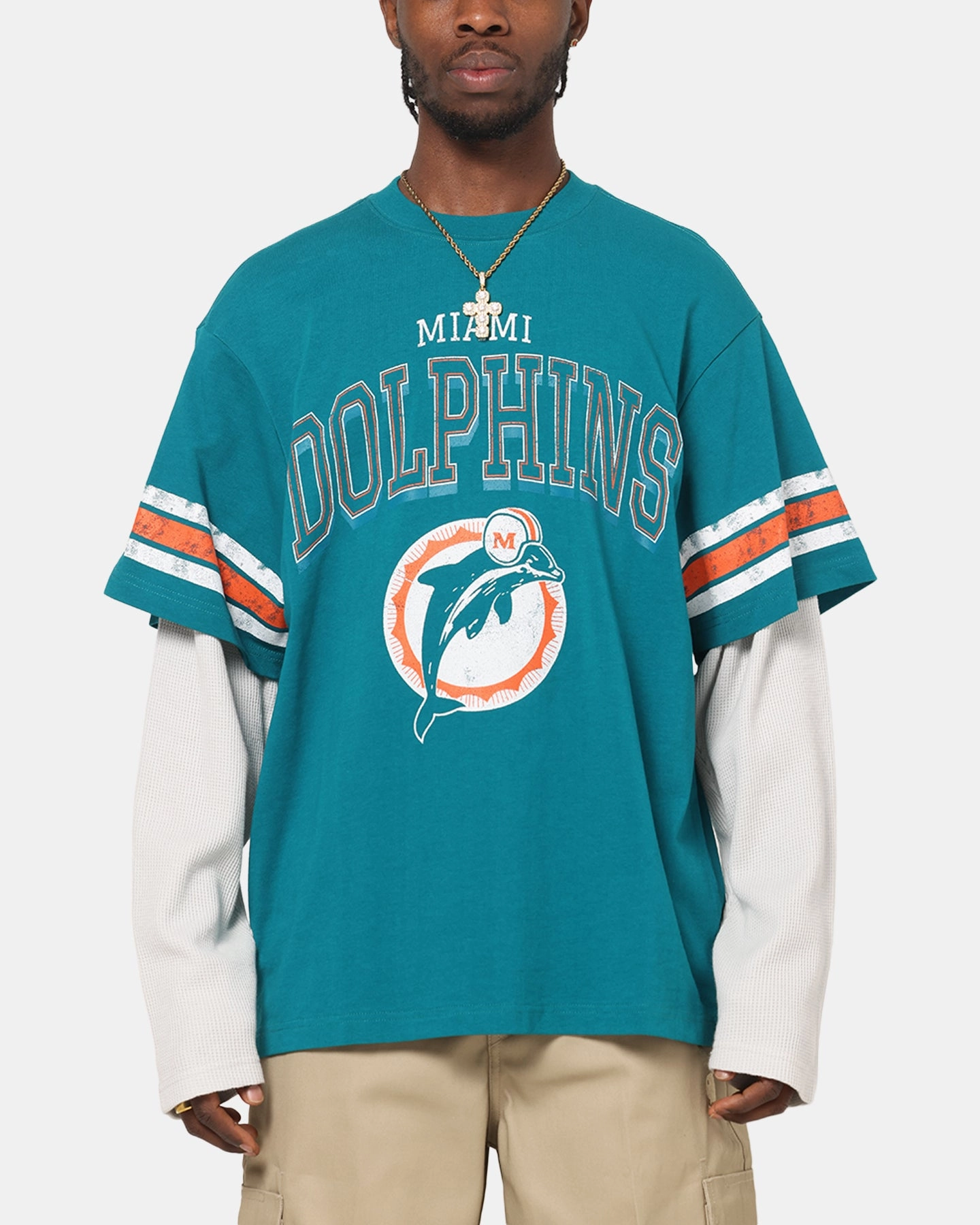 Relaxed Look Chic Wear Mitchell & Ness Miami Dolphins Waffle Mock Layer Long Sleeve T-Shirt Teal