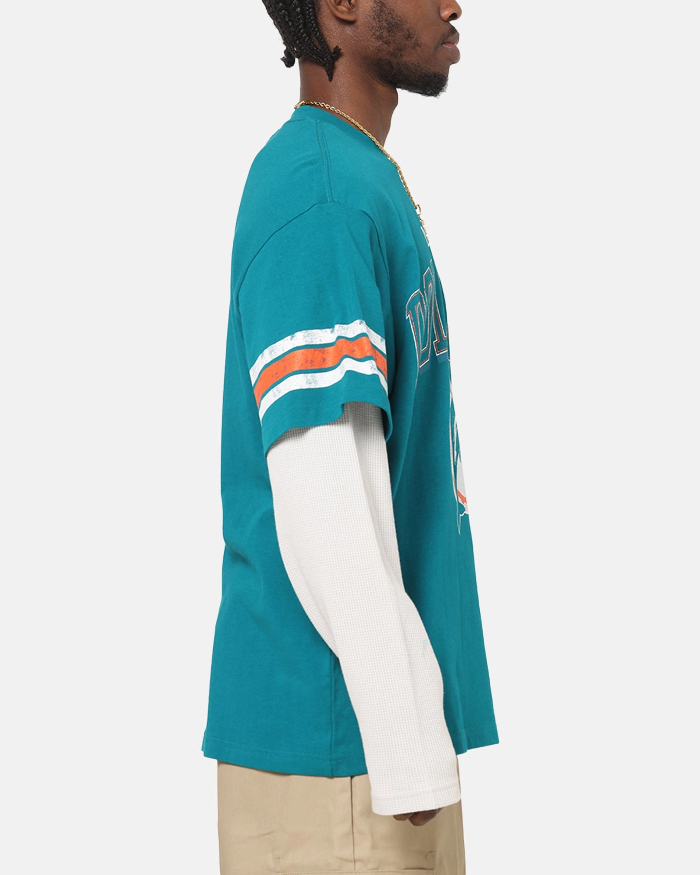 LayeredSleeveConstruction Mitchell & Ness Miami Dolphins Waffle Mock Layer Long Sleeve T-Shirt Teal