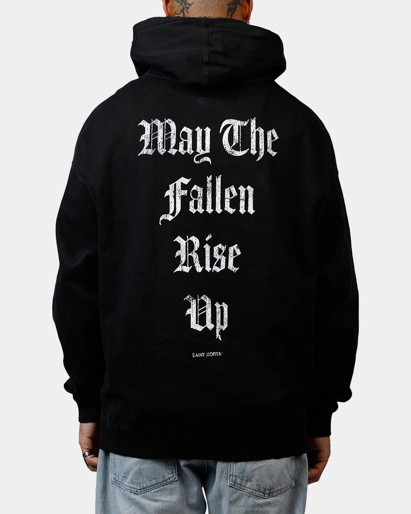 Saint Morta Fallen Rising Boxy Hoodie Black Drop Hem