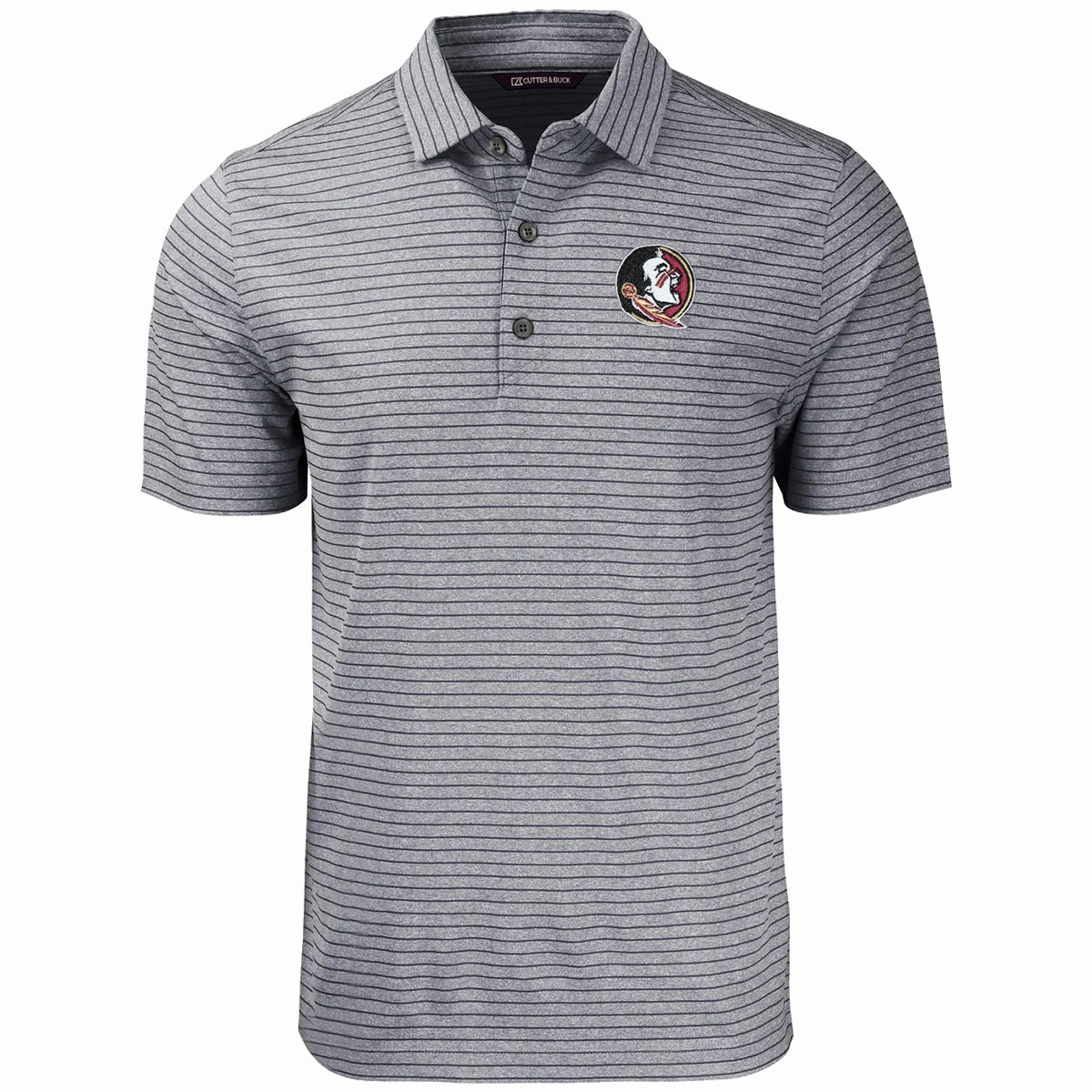 Comfort Fit Cutter & Buck Men's Seminole Logo Forge Eco Heathered Striped Stretch Polo - Grey
