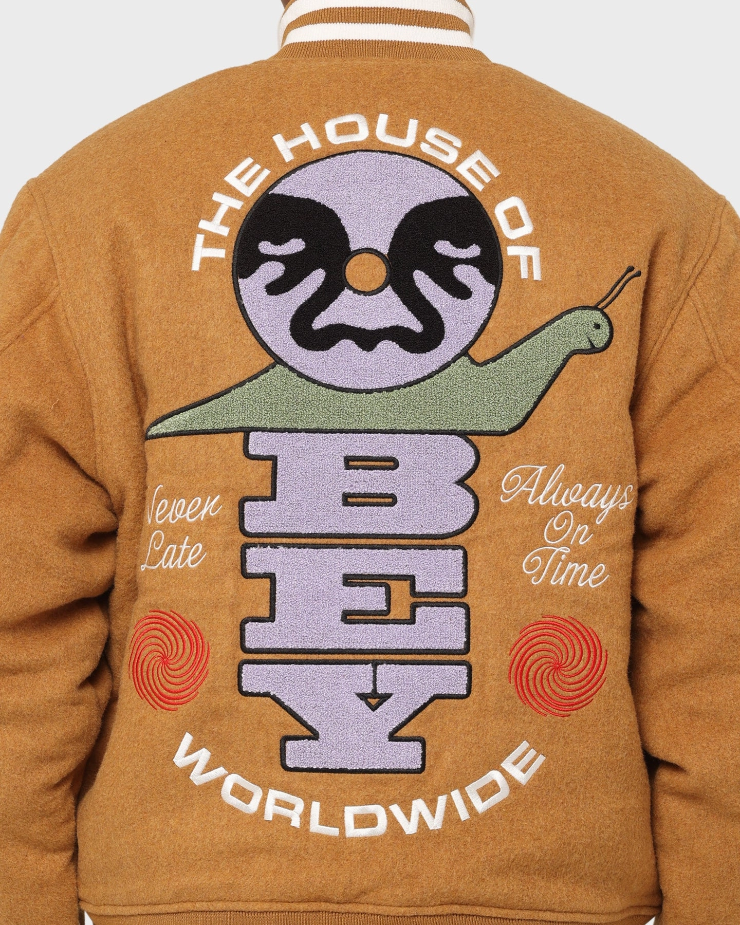 Obey Time Varsity Jacket Brown Low Bulk Design City Ready