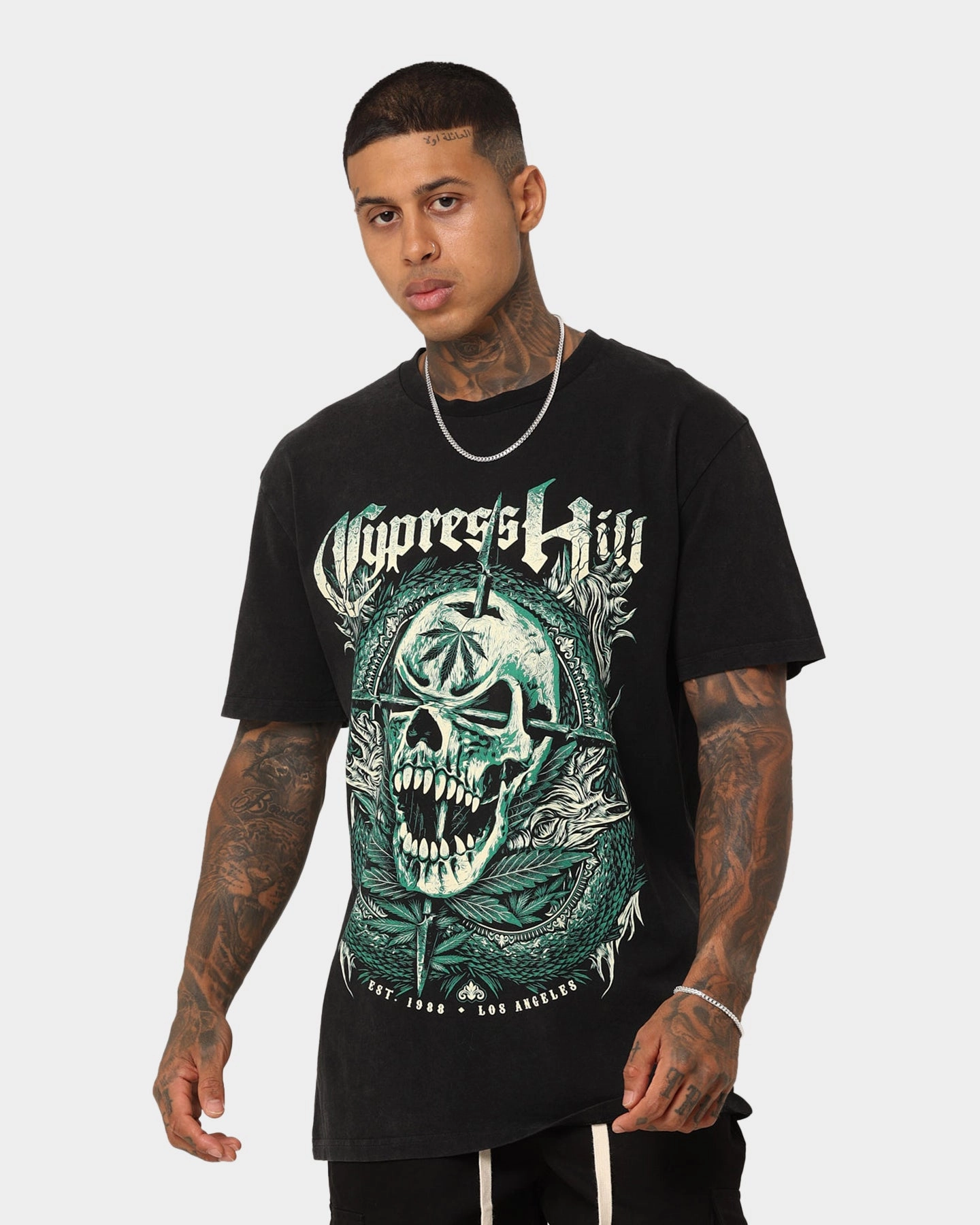 Cypress Hill Weed Skull 1988 LA Vintage T-Shirt Washed Black Basic Layering