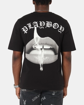 soft look Snag Resistant Surface Playboy Gothic Mono Lips T-Shirt Black