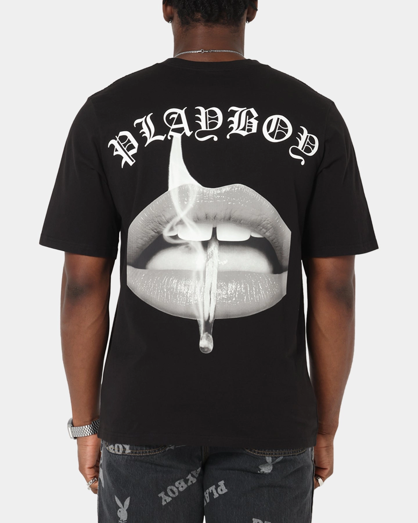 soft look Snag Resistant Surface Playboy Gothic Mono Lips T-Shirt Black