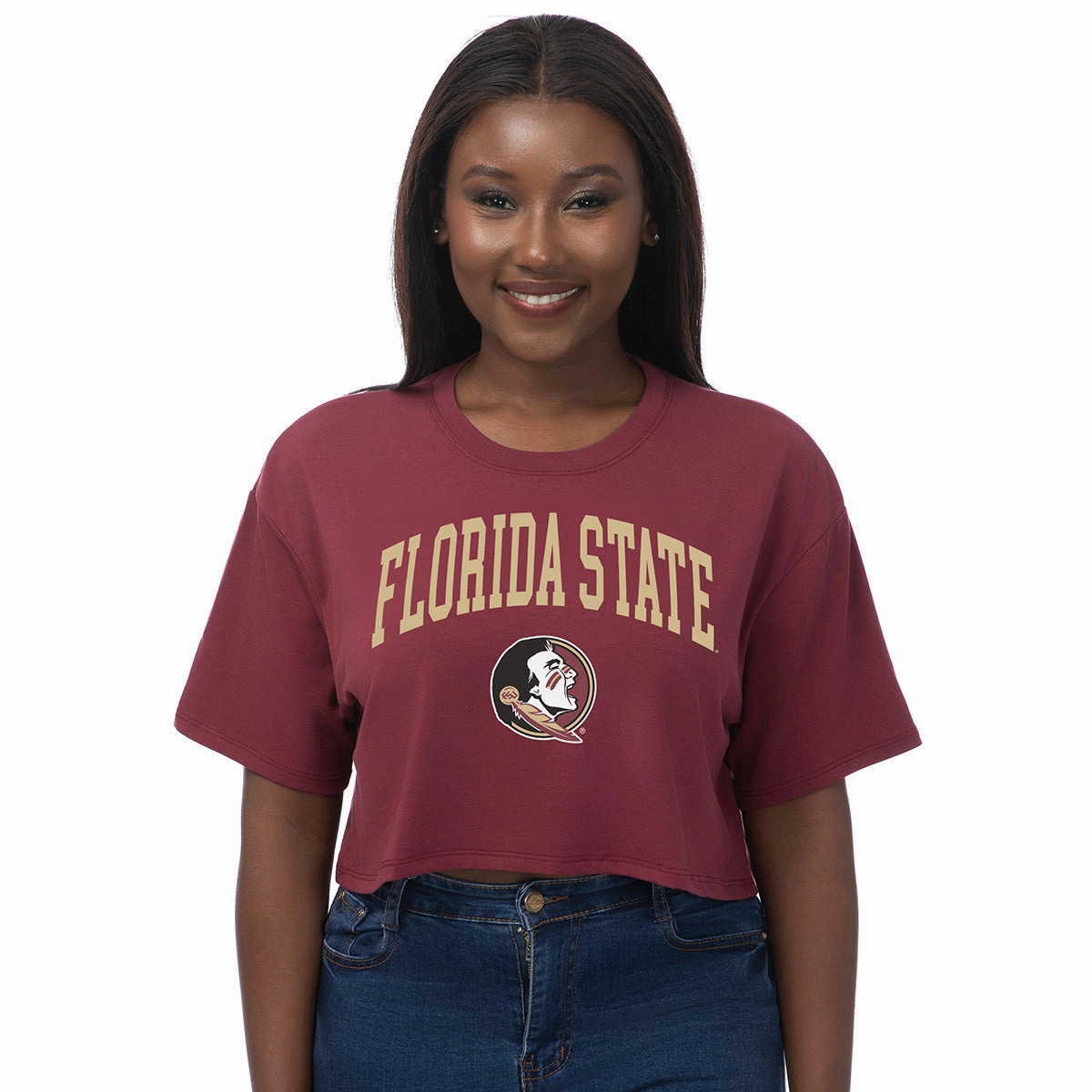 ZooZatz Women's Florida State/Seminole Logo Short Sleeve Boxy Crop Tri-blend T-shirt - Garnet ZeroWaste Production
