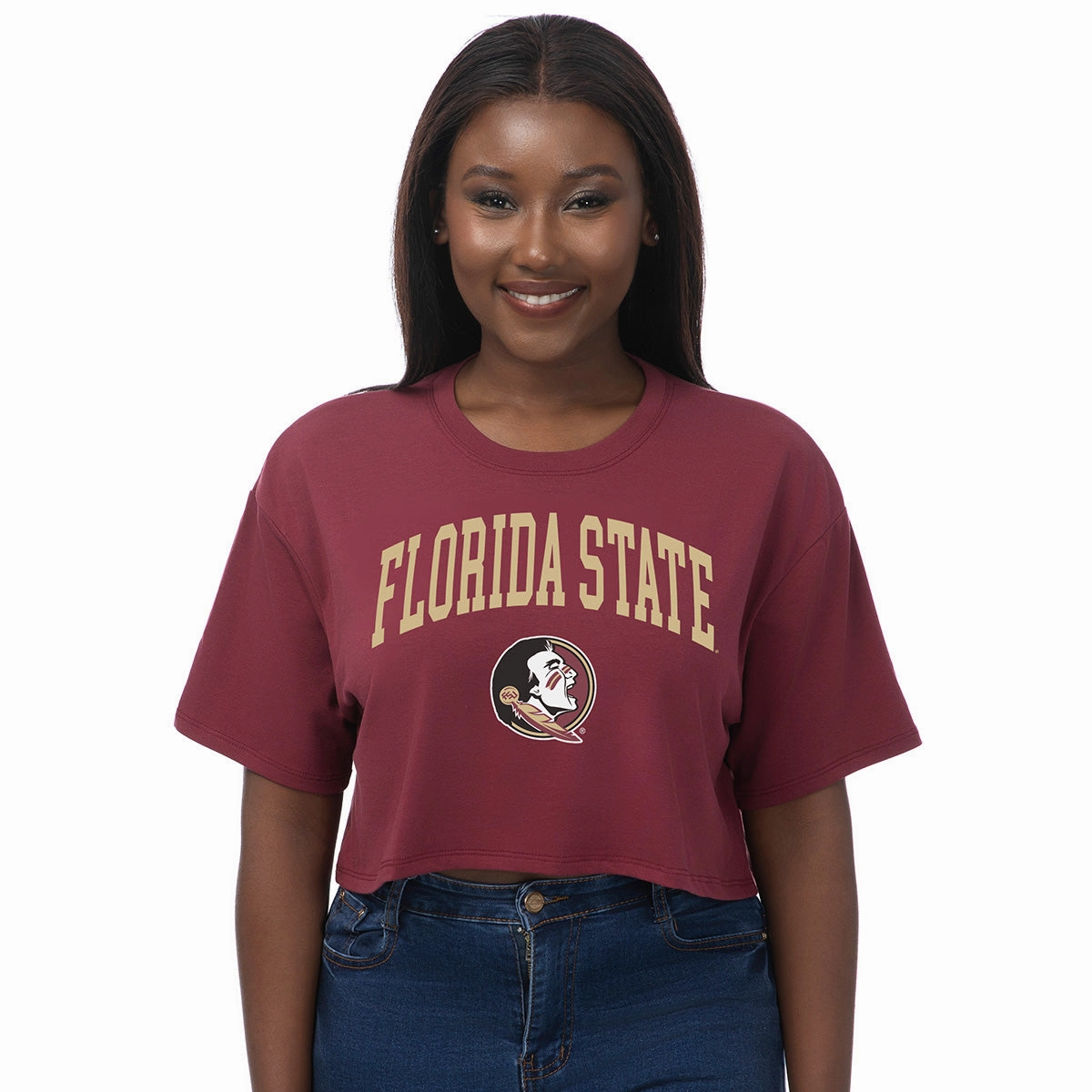ZooZatz Women's Florida State/Seminole Logo Short Sleeve Boxy Crop Tri-blend T-shirt - Garnet Cold Wash Optimized Fun and Playful
